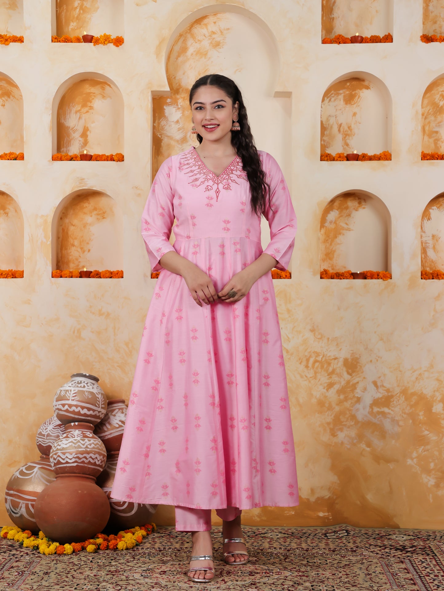 Embroidered Chanderi Ikat Angrakha Baby Pink Kurta