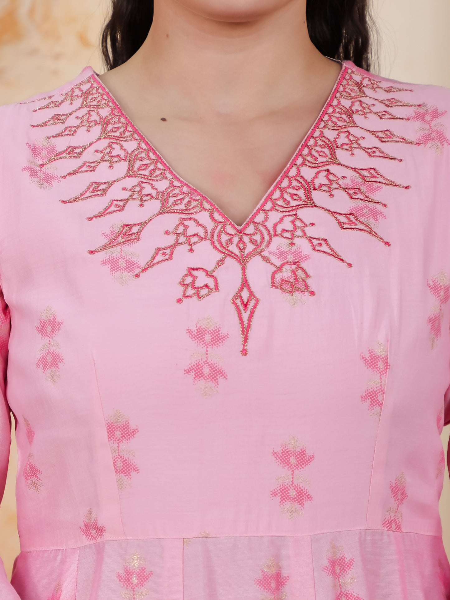 Embroidered Chanderi Ikat Angrakha Baby Pink Kurta