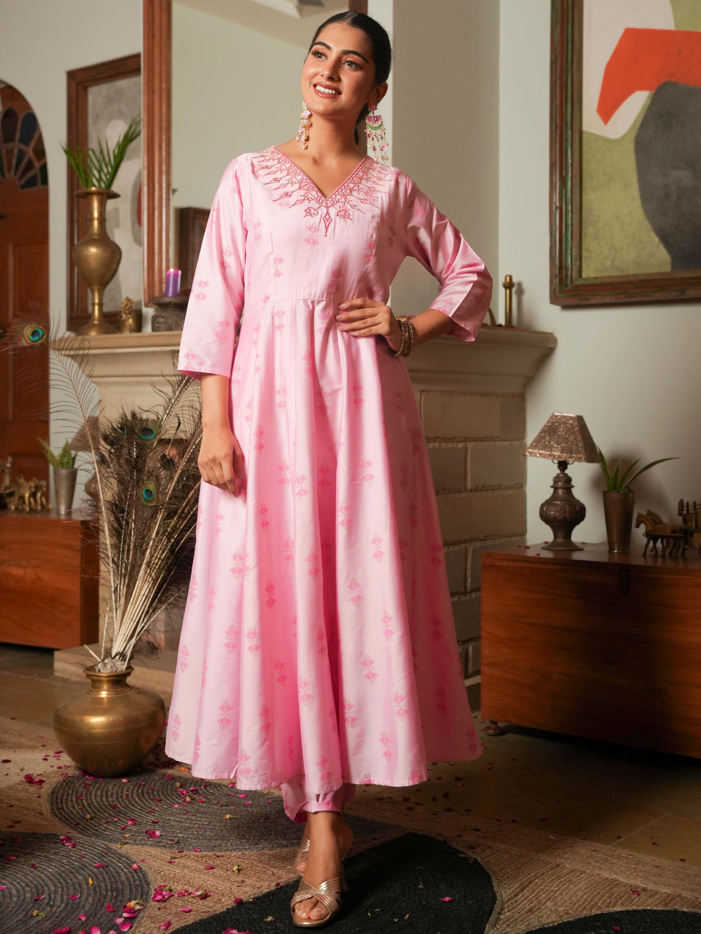 Embroidered Chanderi Ikat Anarkali Baby Pink Kurta