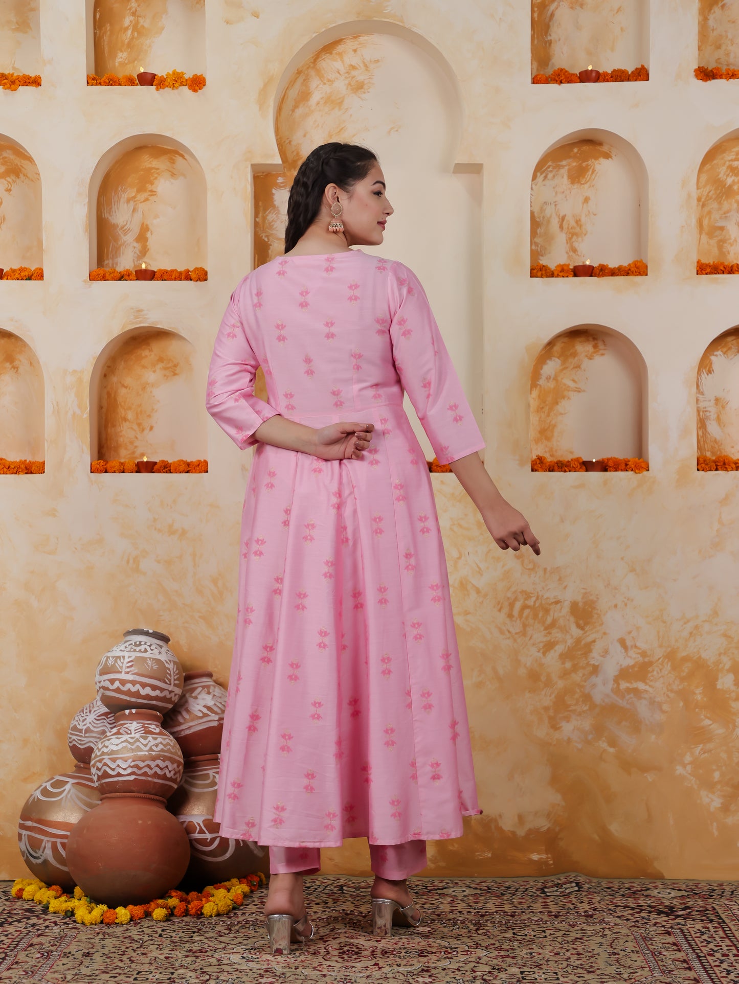 Embroidered Chanderi Ikat Angrakha Baby Pink Kurta