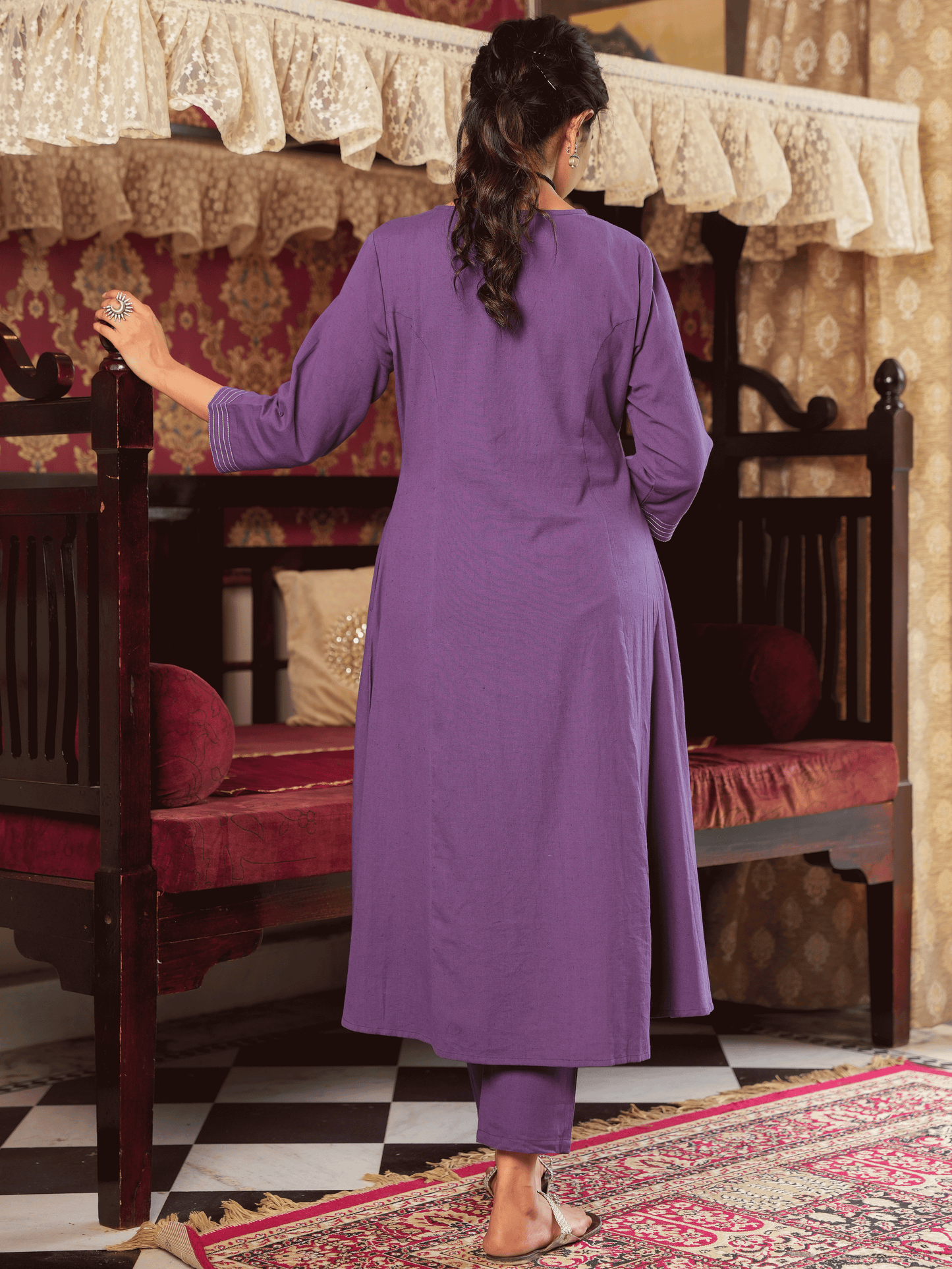 Linen Cotton Solid A-line Purple Kurta