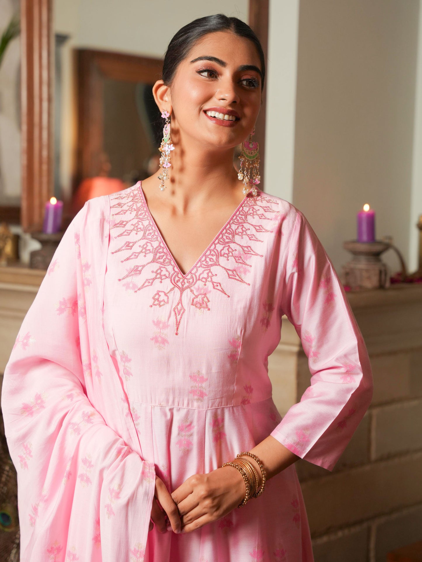 Embroidered Chanderi Ikat Anarkali Baby Pink Kurta