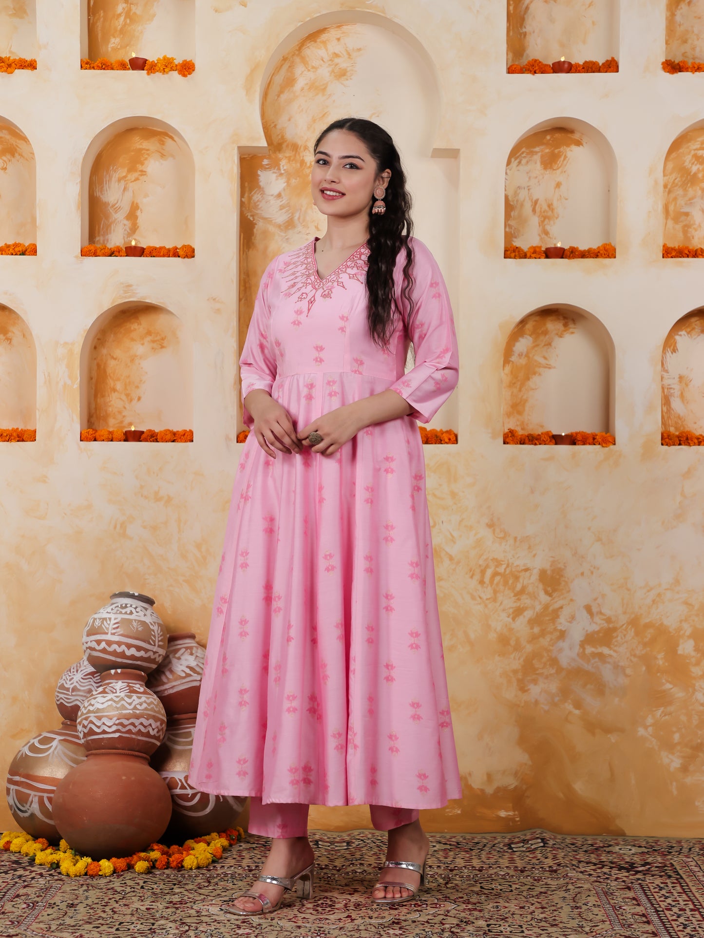 Embroidered Chanderi Ikat Angrakha Baby Pink Kurta