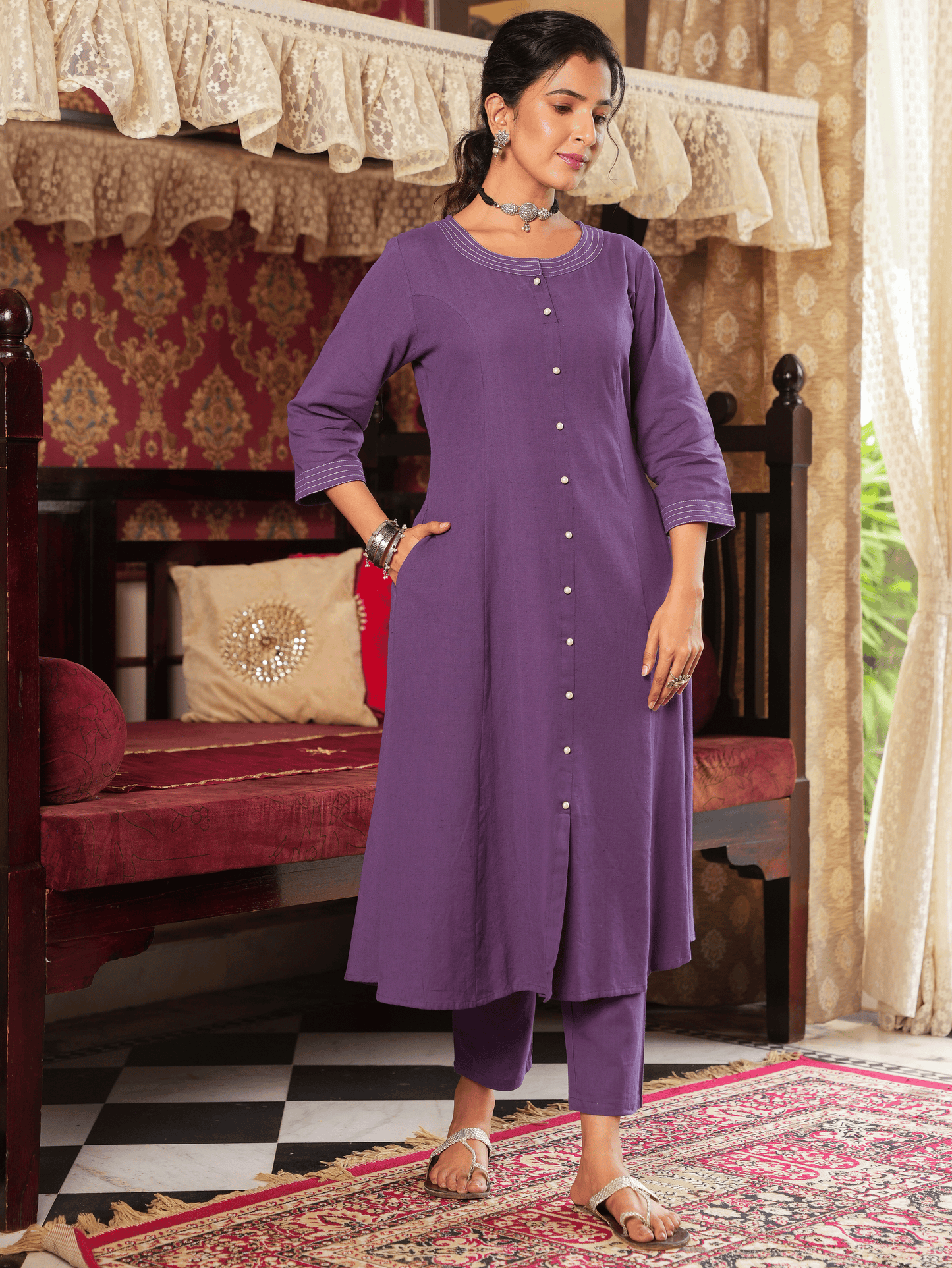 Linen Cotton Solid A-line Purple Kurta