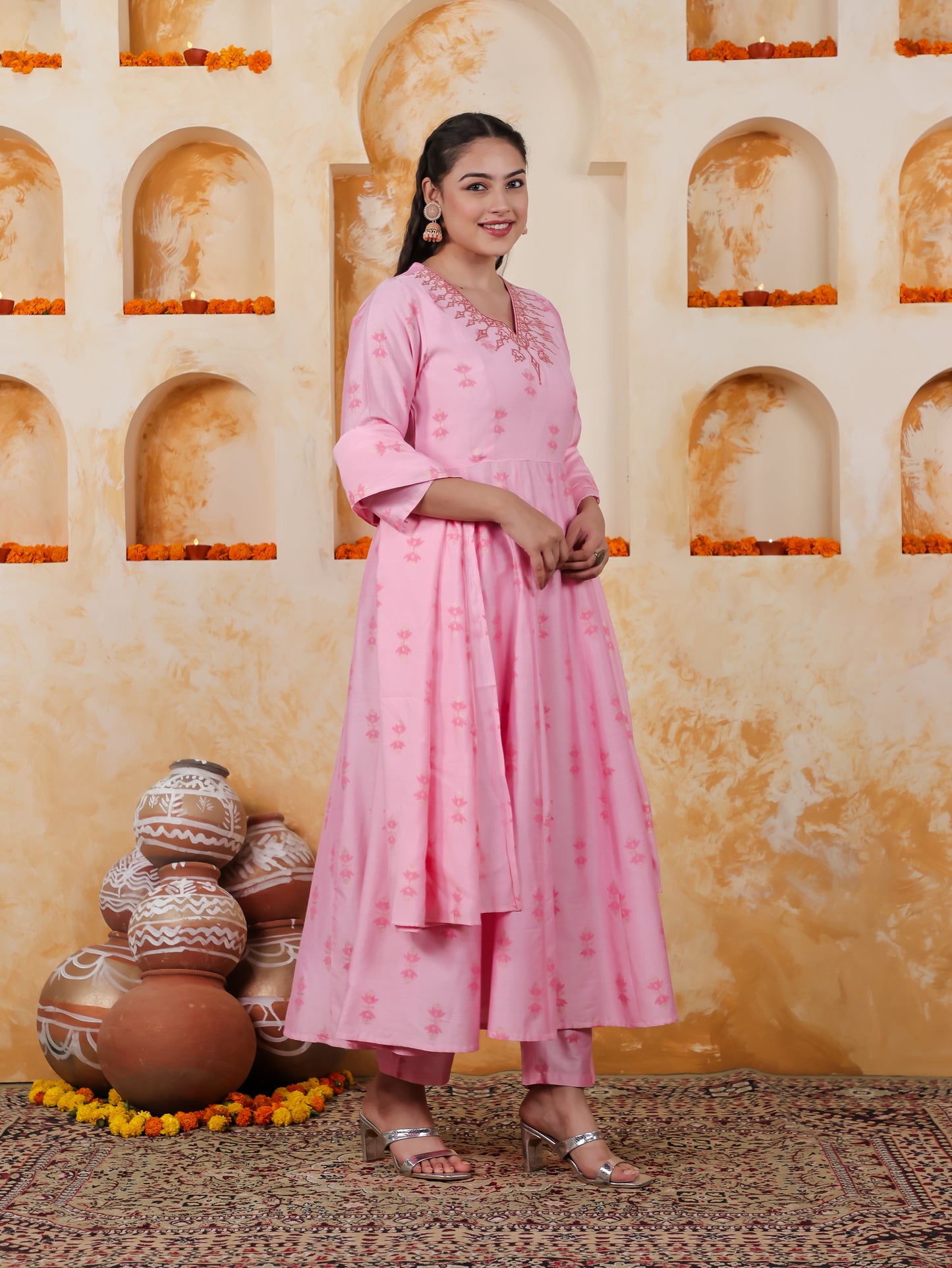 Embroidered Chanderi Ikat Angrakha Baby Pink Kurta