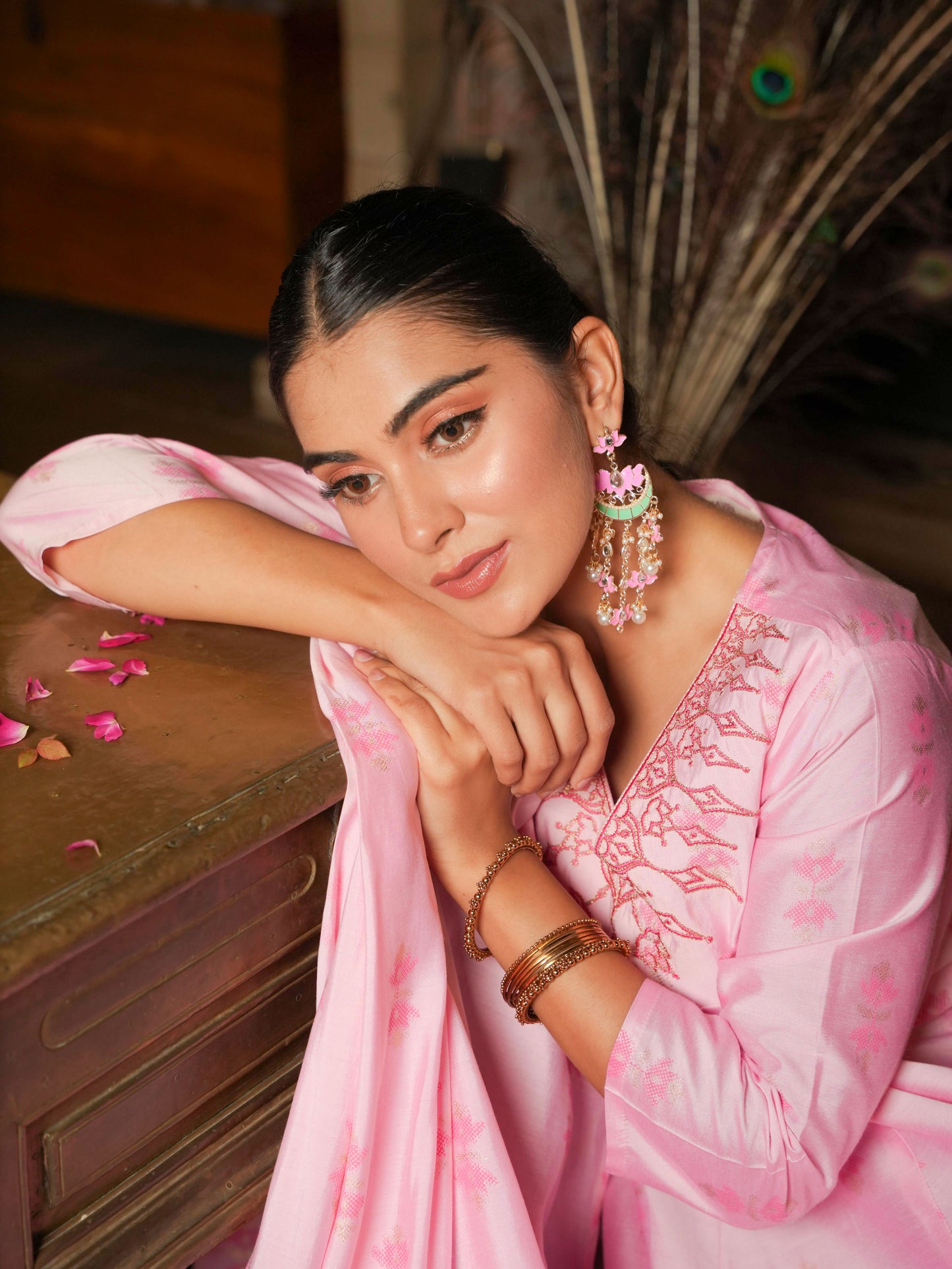 Embroidered Chanderi Ikat Anarkali Baby Pink Kurta