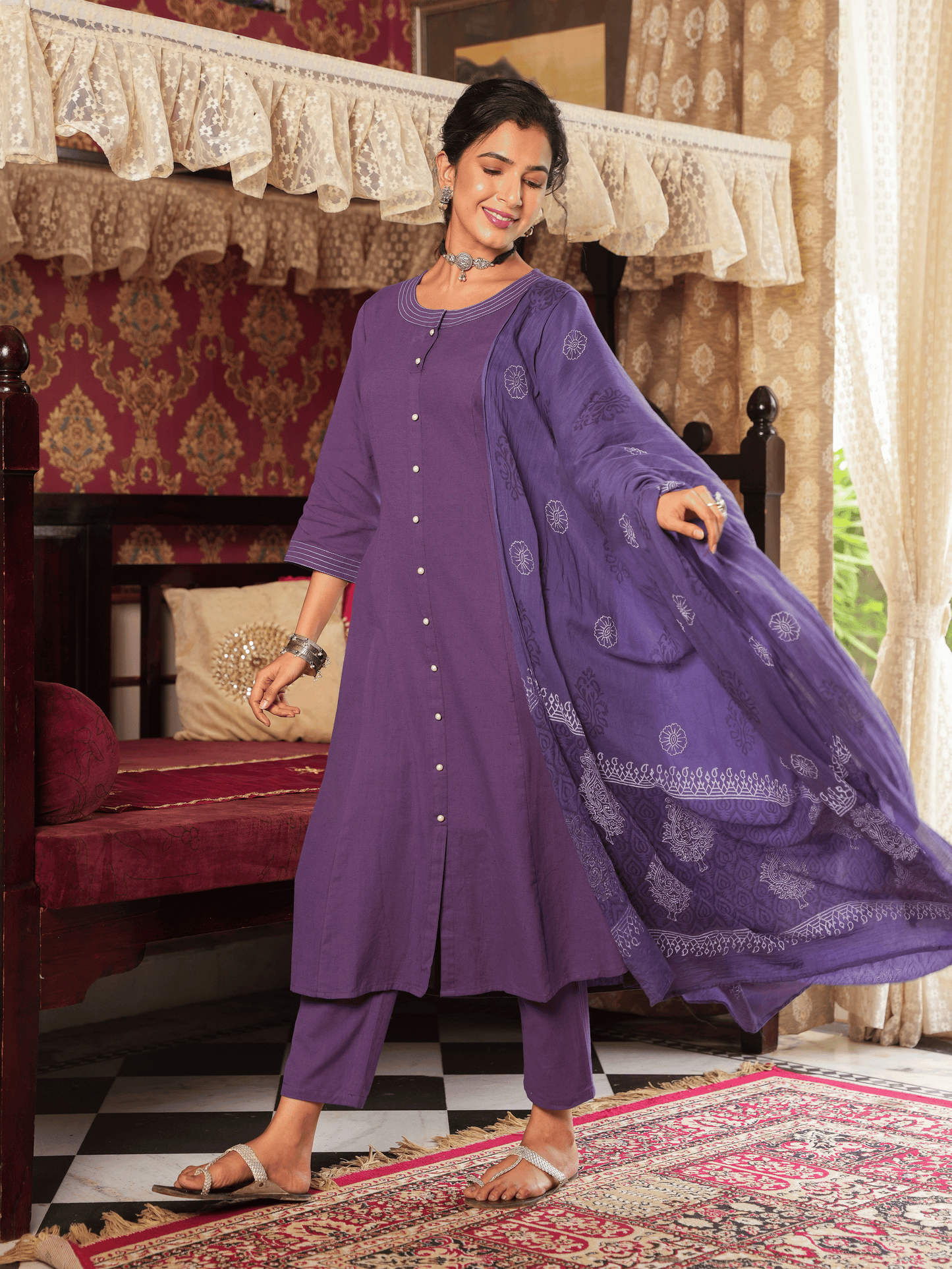 Linen Cotton Solid A-line Purple Kurta