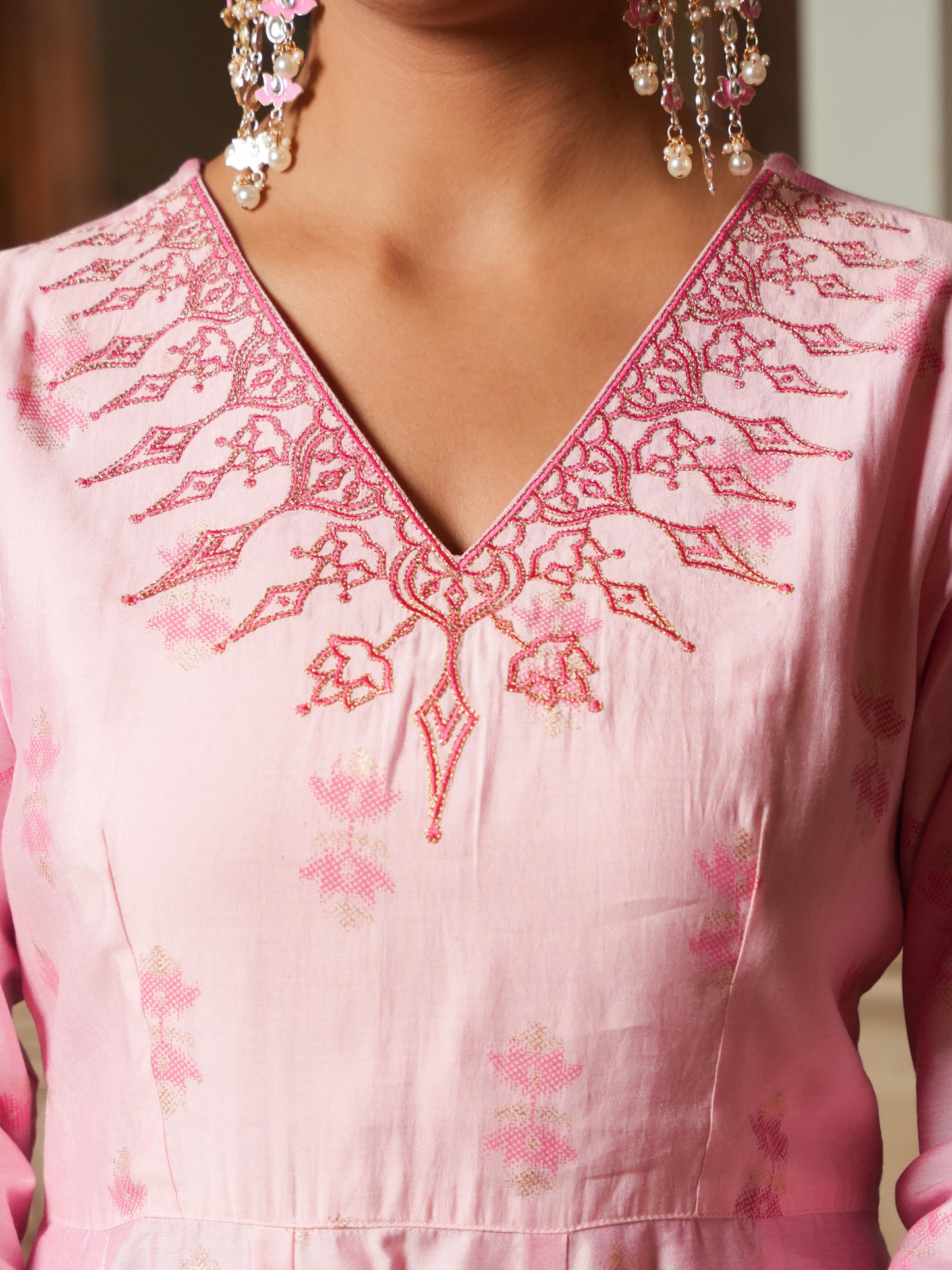 Embroidered Chanderi Ikat Anarkali Baby Pink Kurta