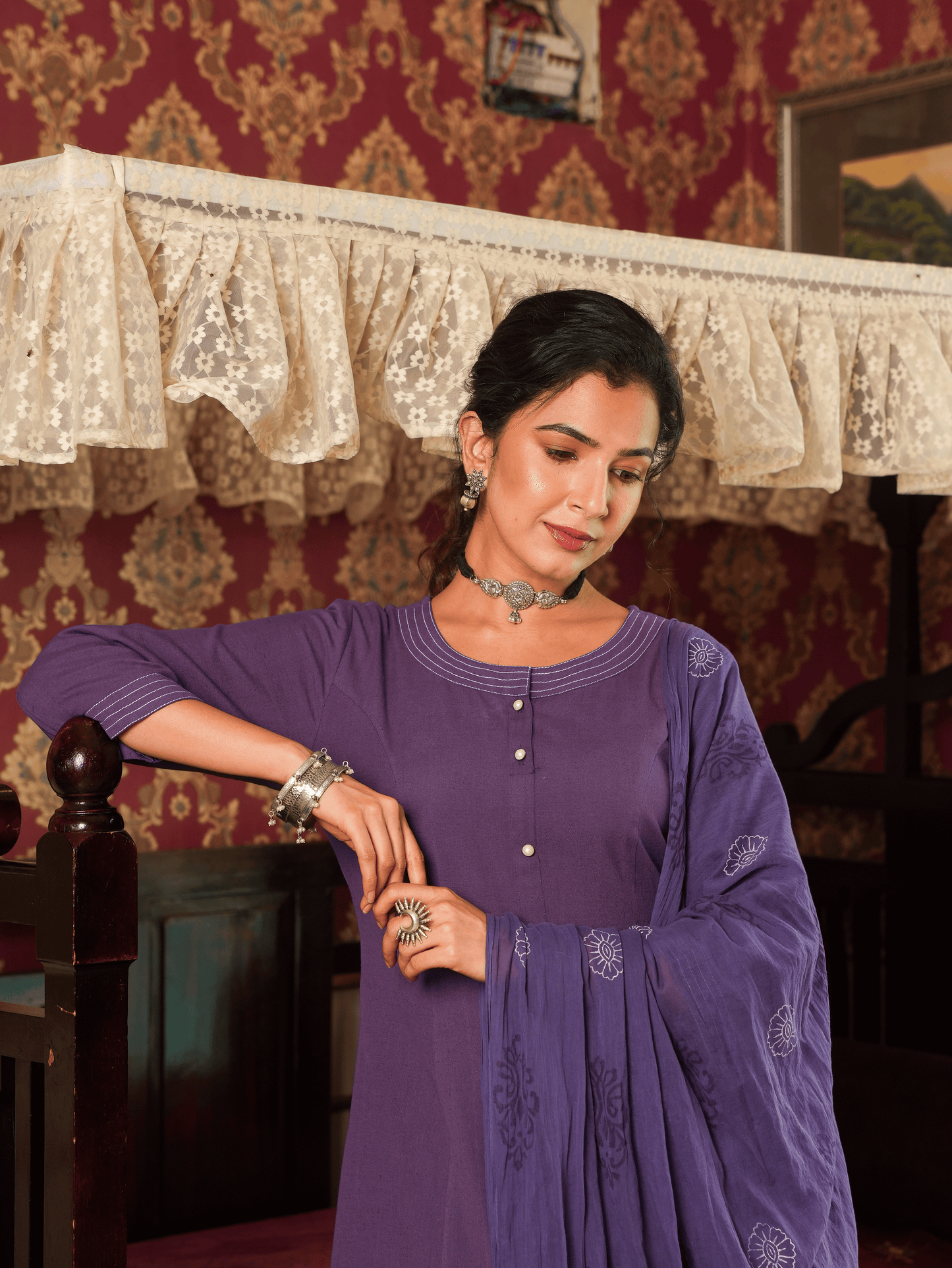 Linen Cotton Solid A-line Purple Kurta