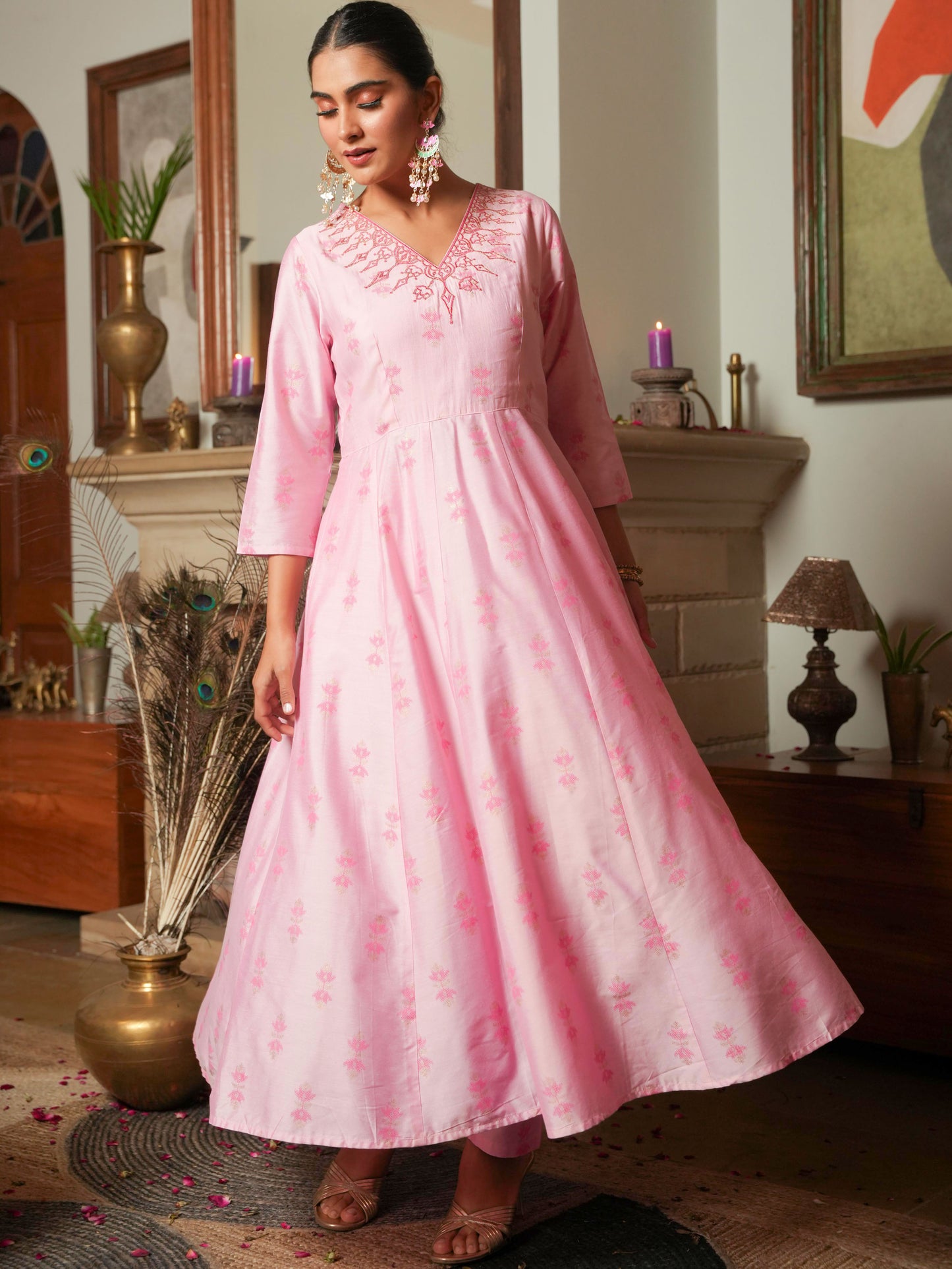 Embroidered Chanderi Ikat Anarkali Baby Pink Kurta