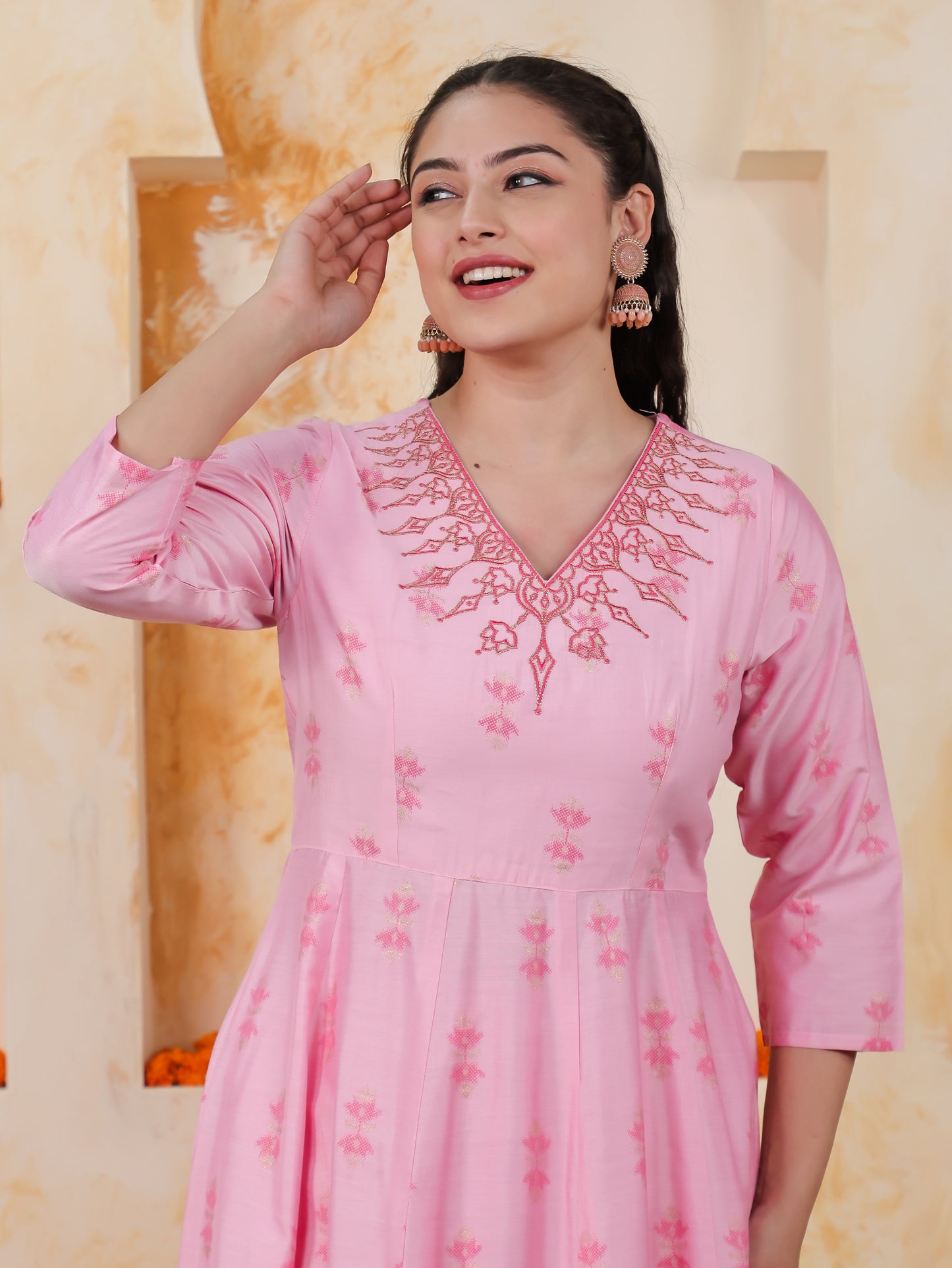 Embroidered Chanderi Ikat Angrakha Baby Pink Kurta