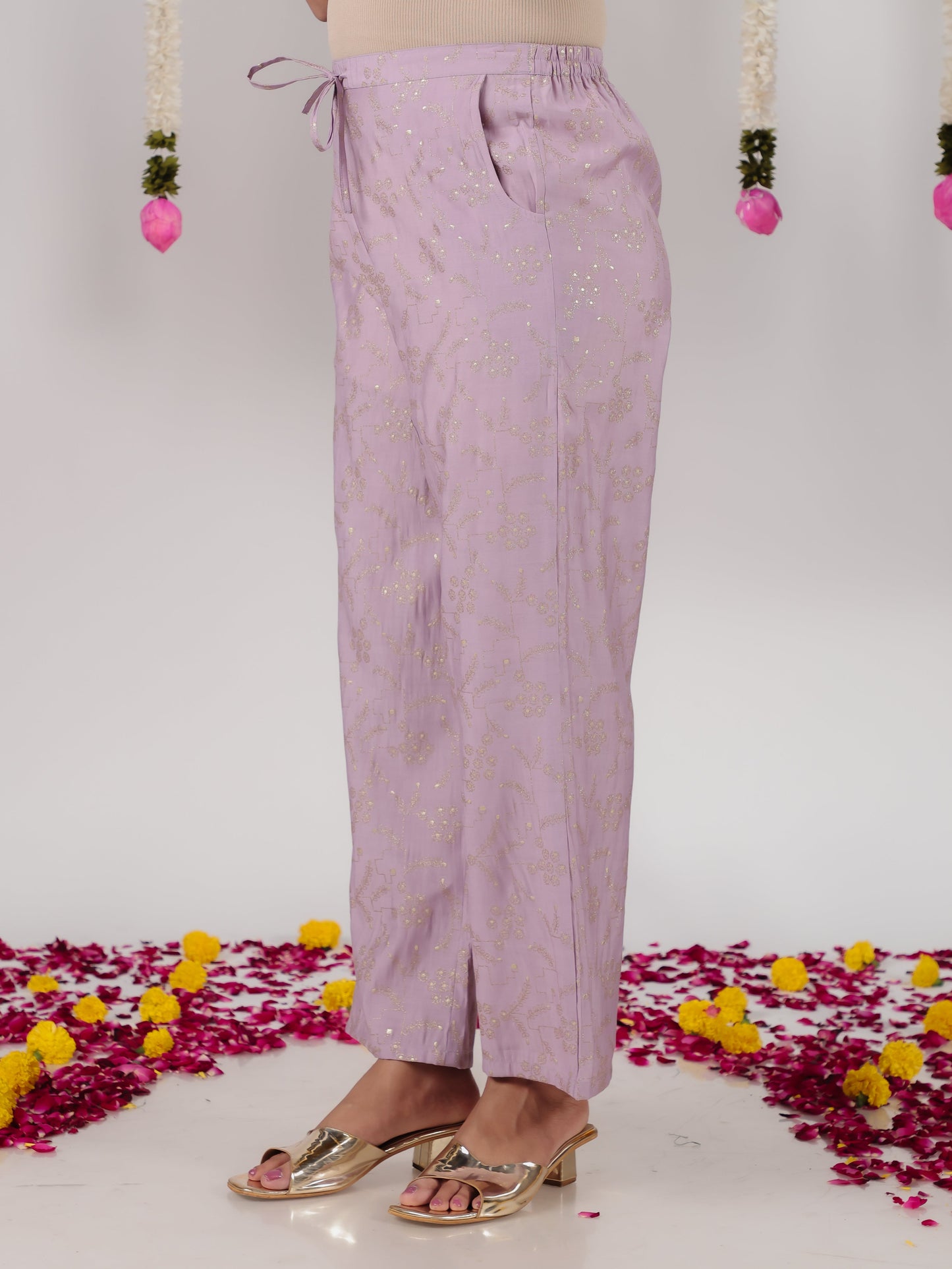 Chanderi Gold foil Purple Straight Trousers