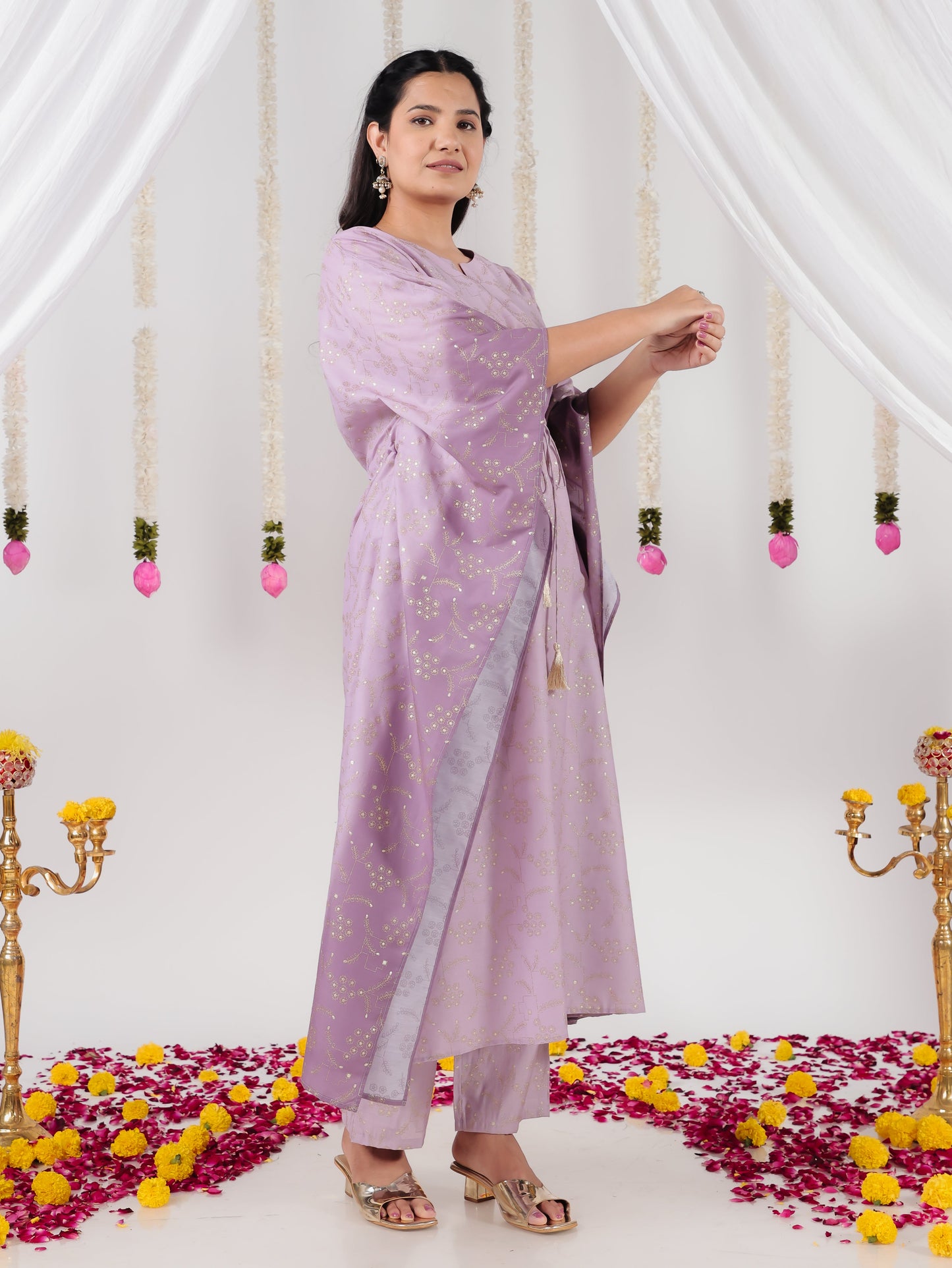 Roman silk Gold foil Kaftan Purple Kurta