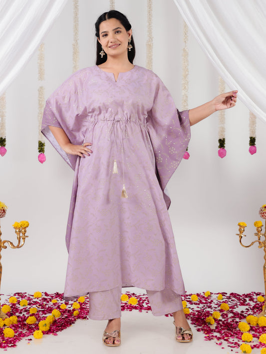 Roman silk Gold foil Kaftan Purple Kurta