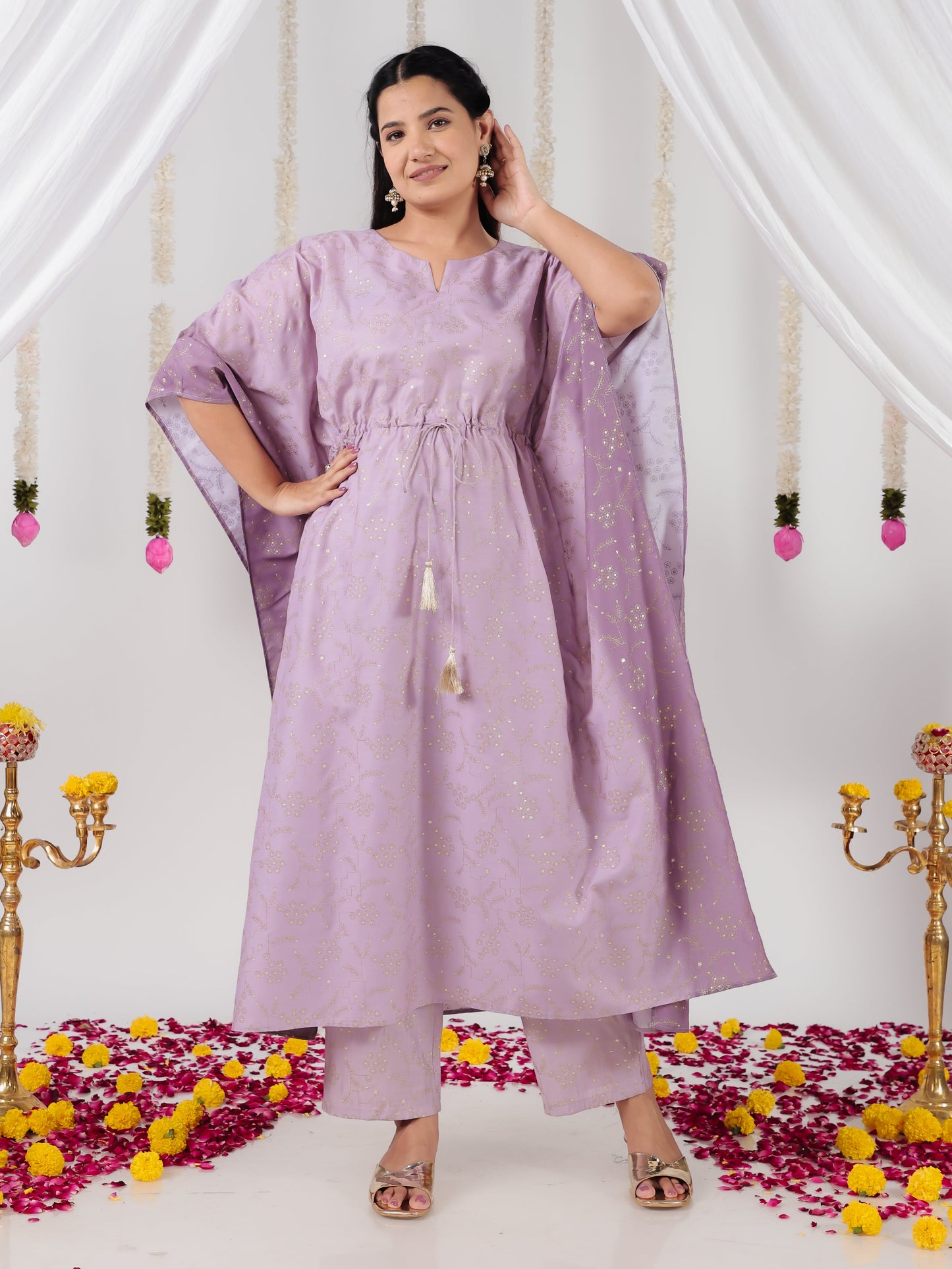 Roman silk Gold foil Kaftan Purple Kurta