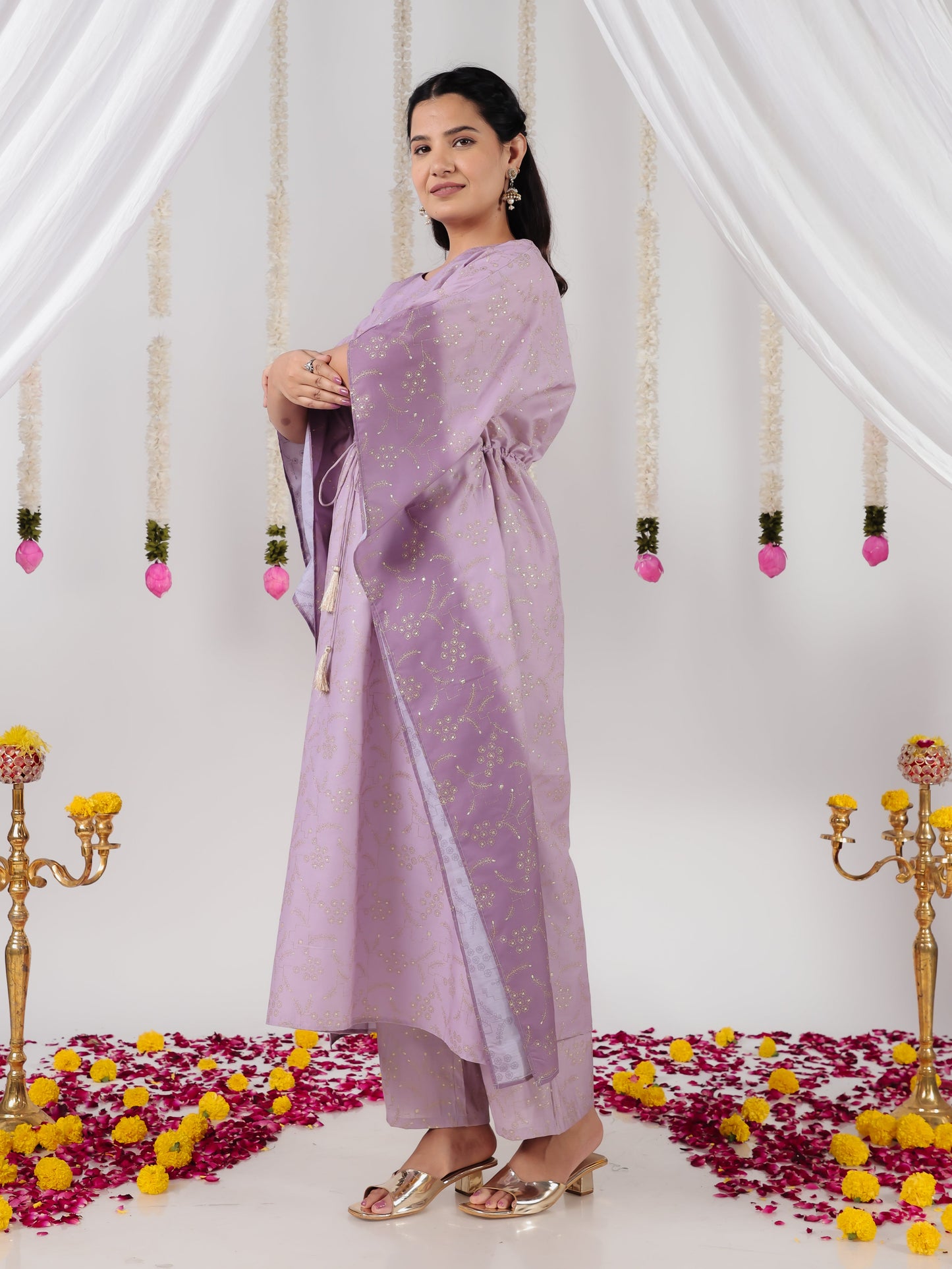 Roman silk Gold foil Kaftan Purple Kurta