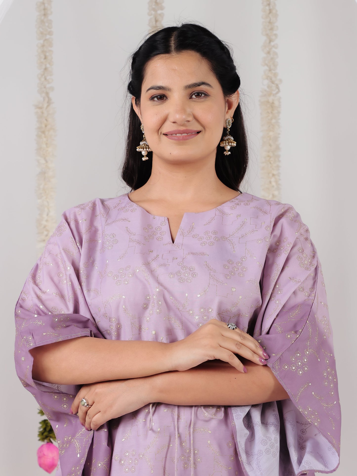 Roman silk Gold foil Kaftan Purple Kurta