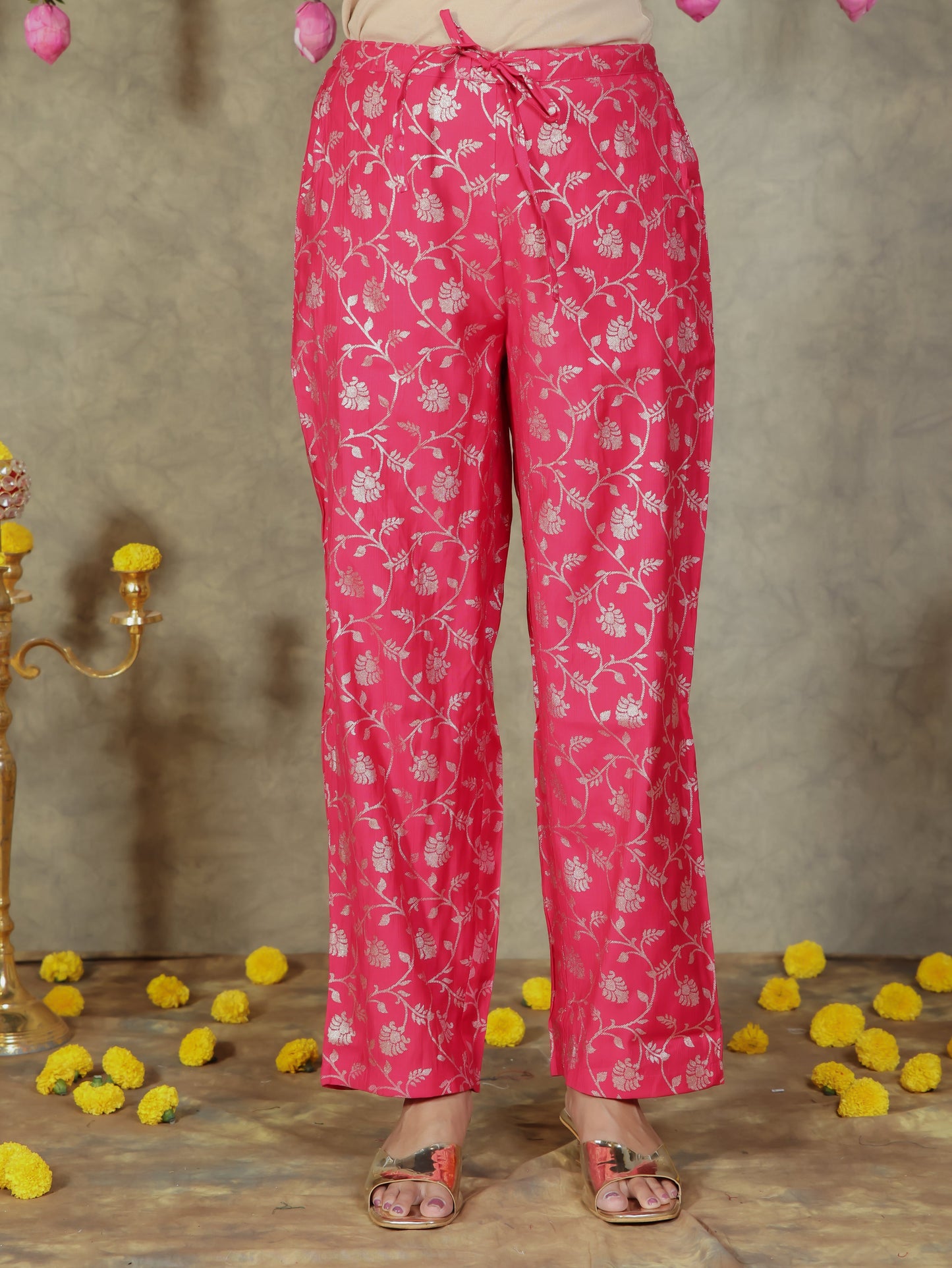 Chanderi Floral Royal Pink Tapered Trousers