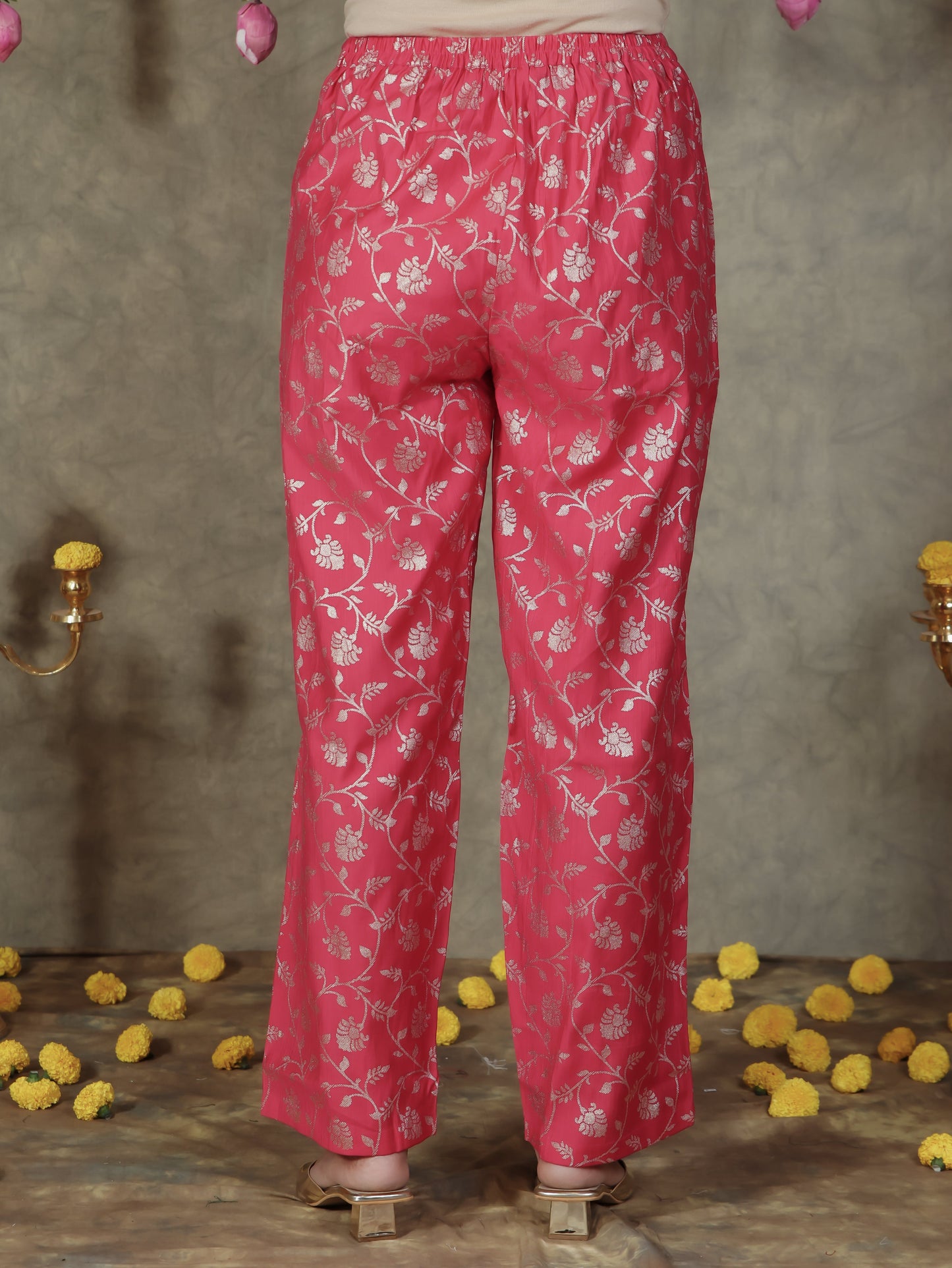 Chanderi Floral Royal Pink Tapered Trousers