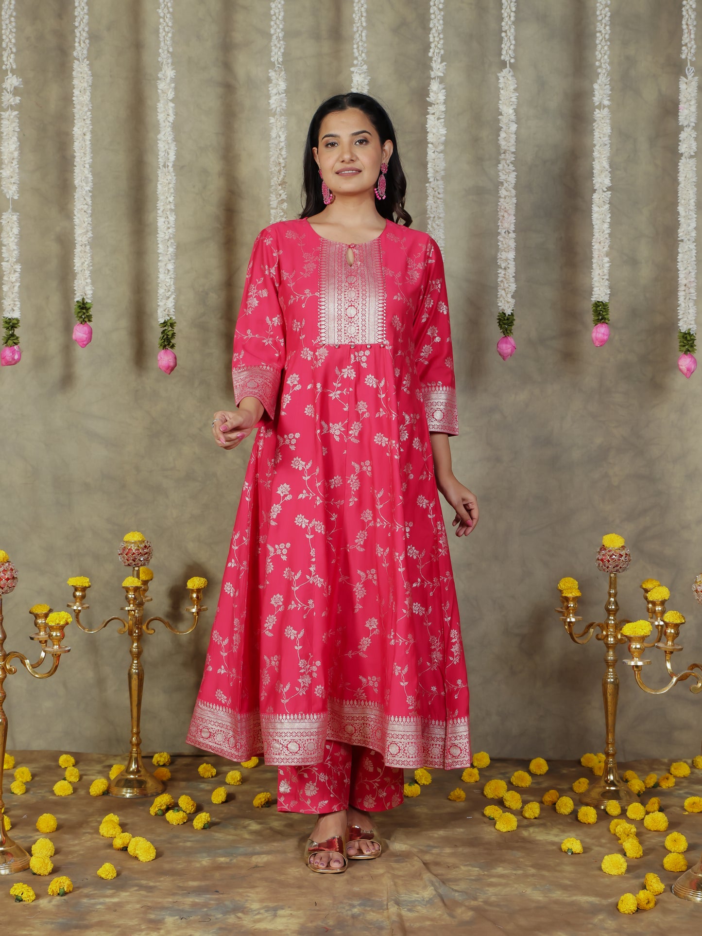 Chanderi Floral Anarkali Royal Pink Kurta
