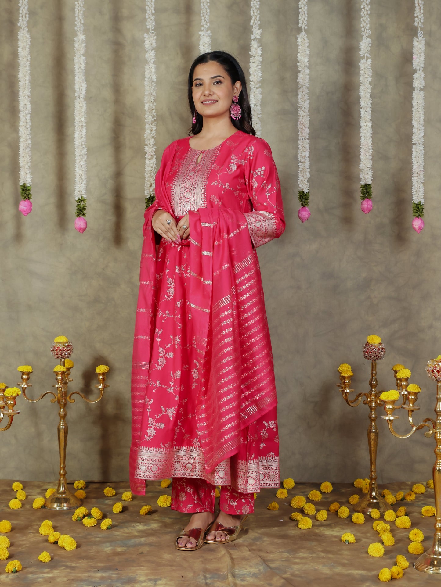 Chanderi Floral Anarkali Royal Pink Kurta