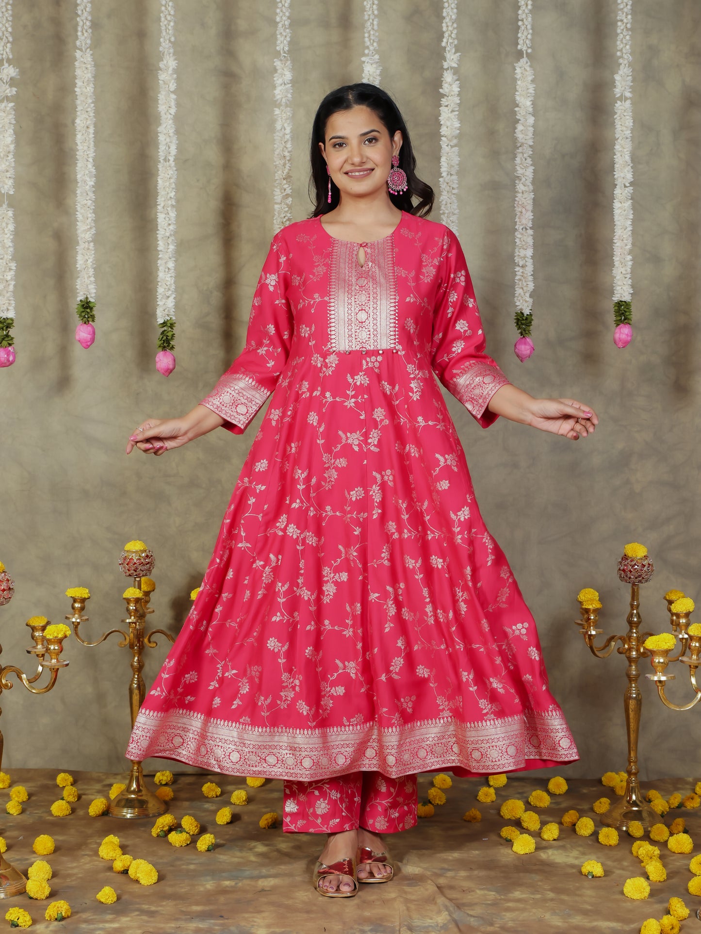 Chanderi Floral Anarkali Royal Pink Kurta