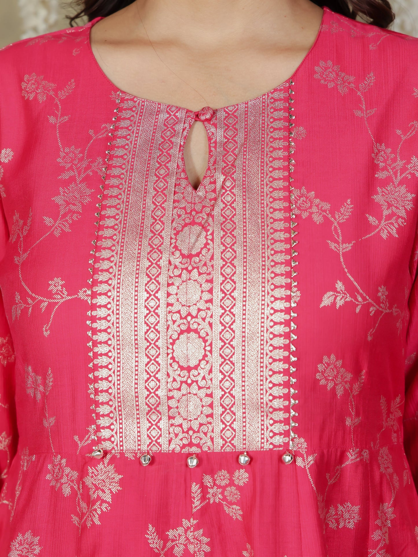 Chanderi Floral Anarkali Royal Pink Kurta