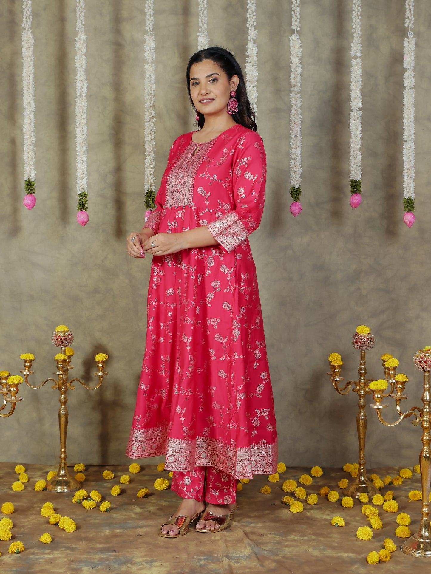 Chanderi Floral Anarkali Royal Pink Kurta