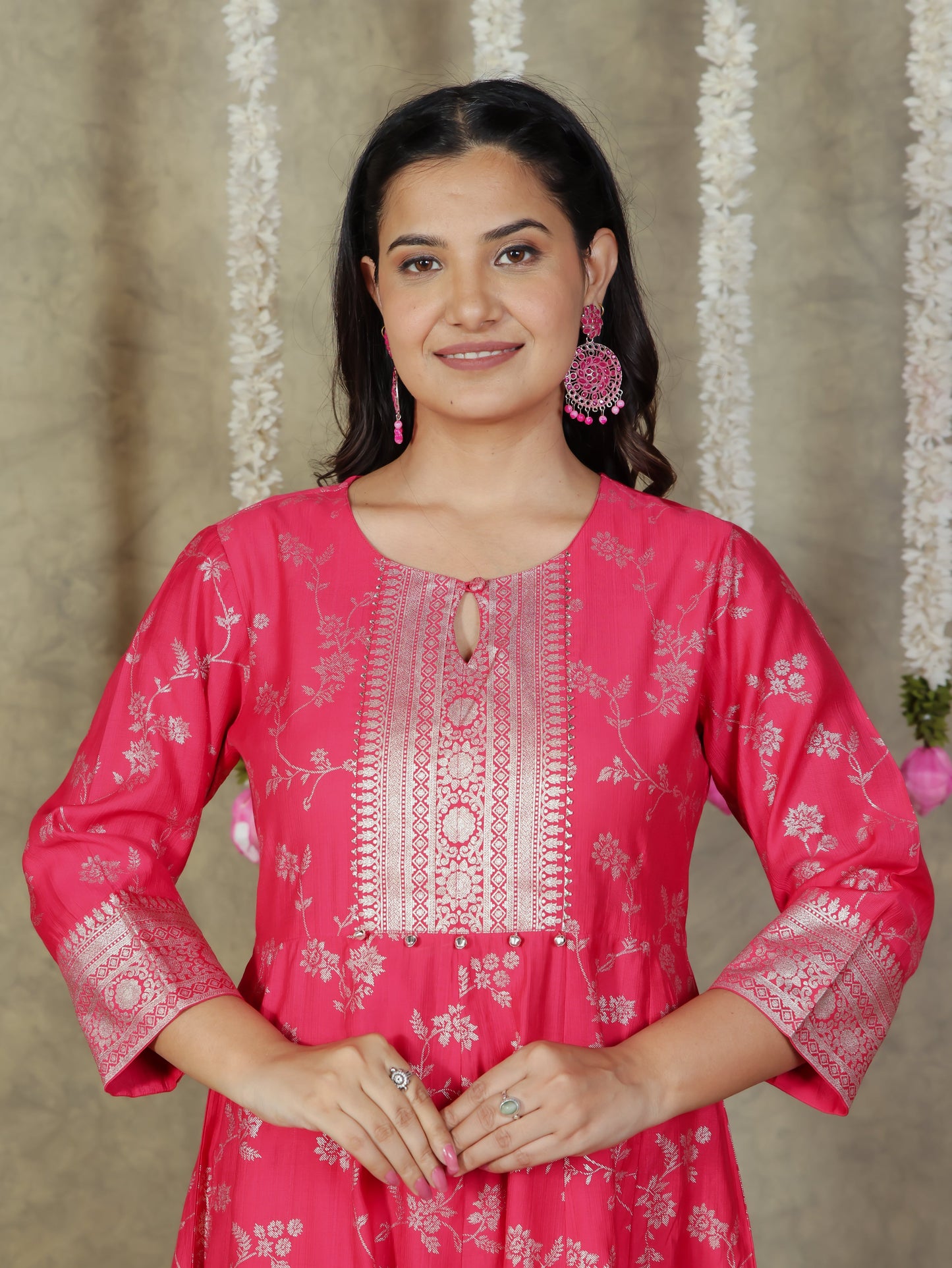 Chanderi Floral Anarkali Royal Pink Kurta