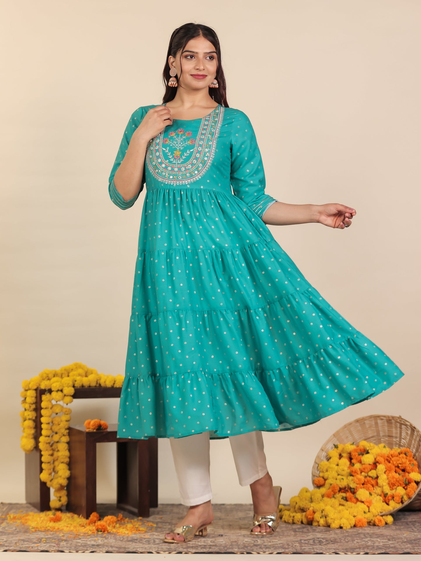 Embroidered Roman silk Gold foil Anarkali Teal Kurta