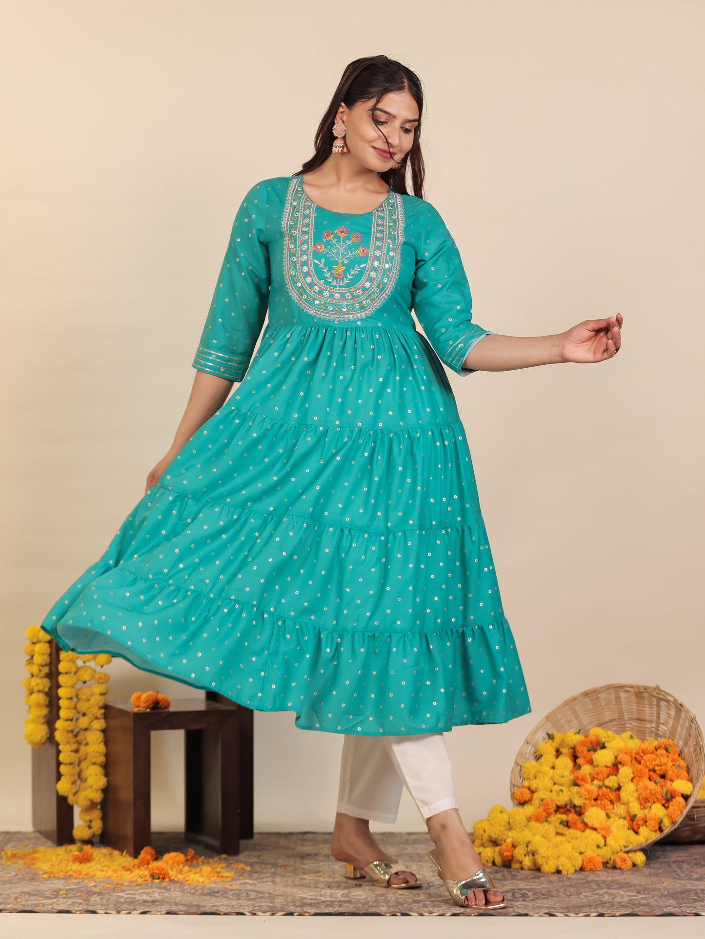 Embroidered Roman silk Gold foil Anarkali Teal Kurta