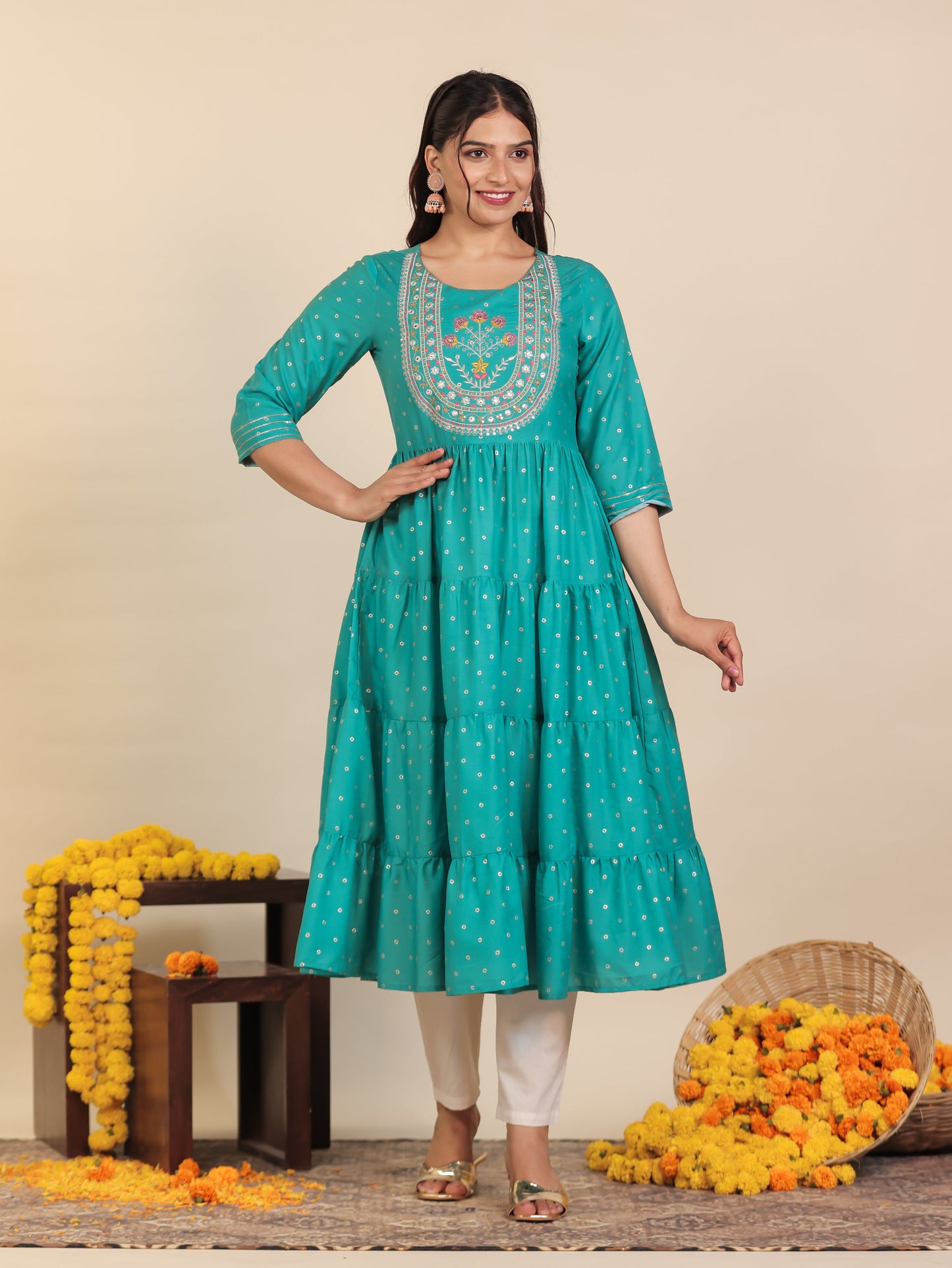 Embroidered Roman silk Gold foil Anarkali Teal Kurta