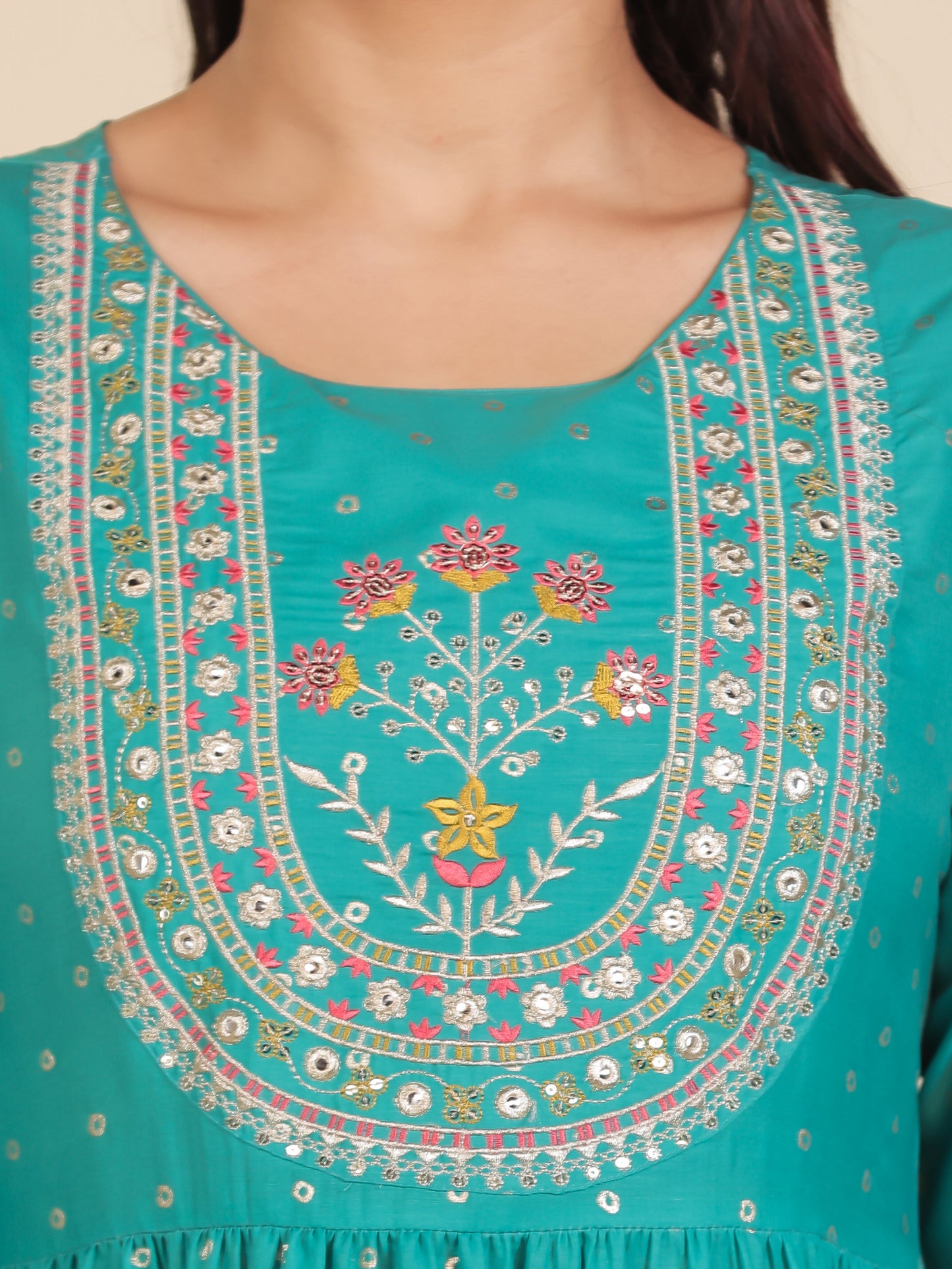 Embroidered Roman silk Gold foil Anarkali Teal Kurta