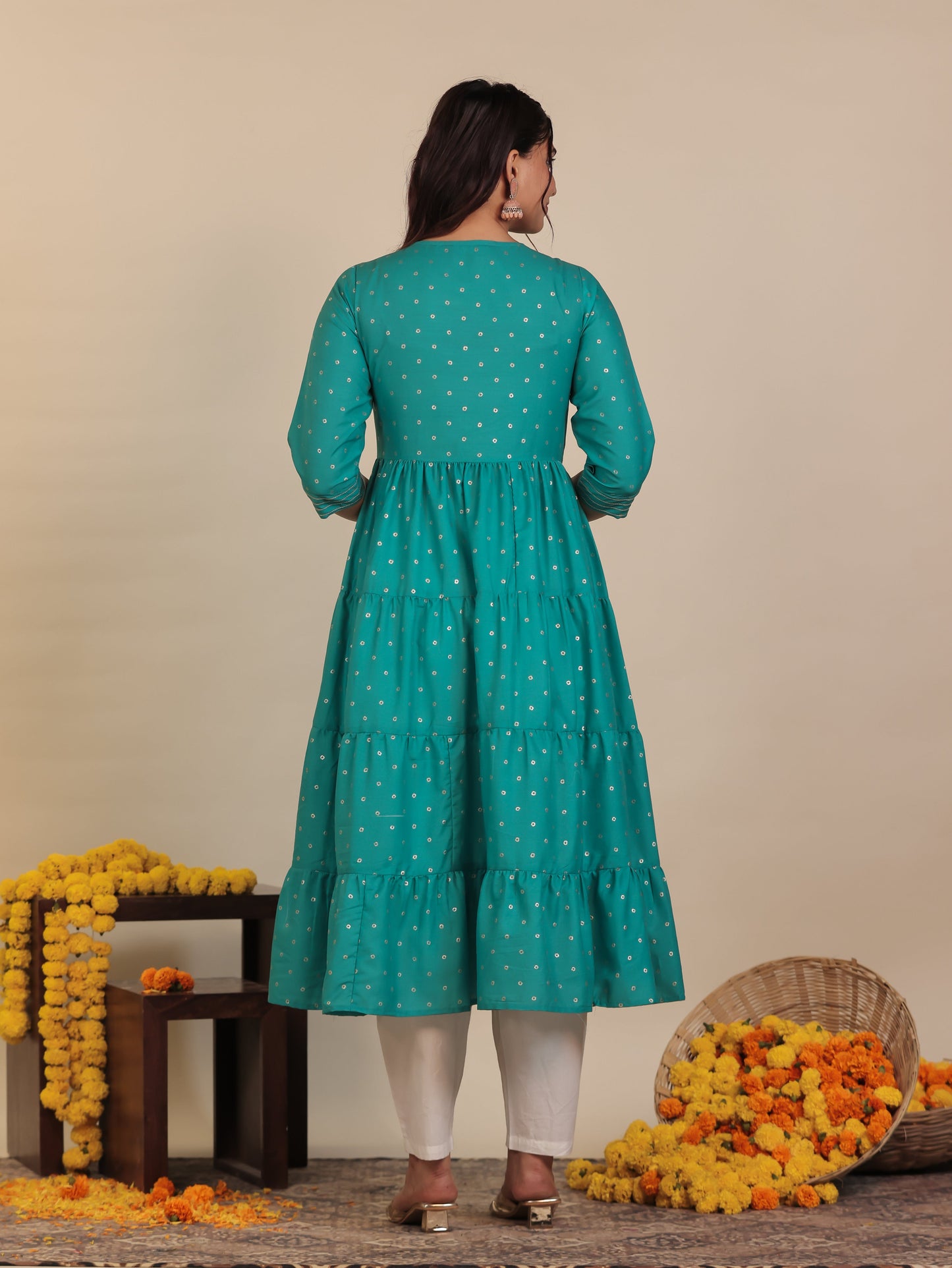 Embroidered Roman silk Gold foil Anarkali Teal Kurta