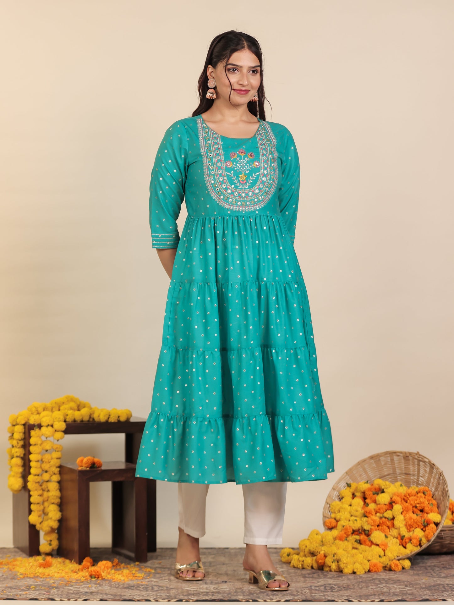 Embroidered Roman silk Gold foil Anarkali Teal Kurta