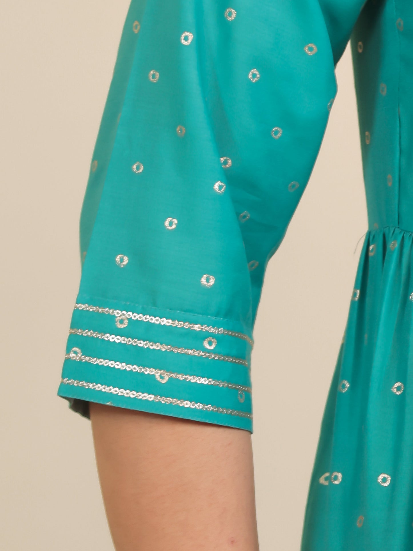 Embroidered Roman silk Gold foil Anarkali Teal Kurta