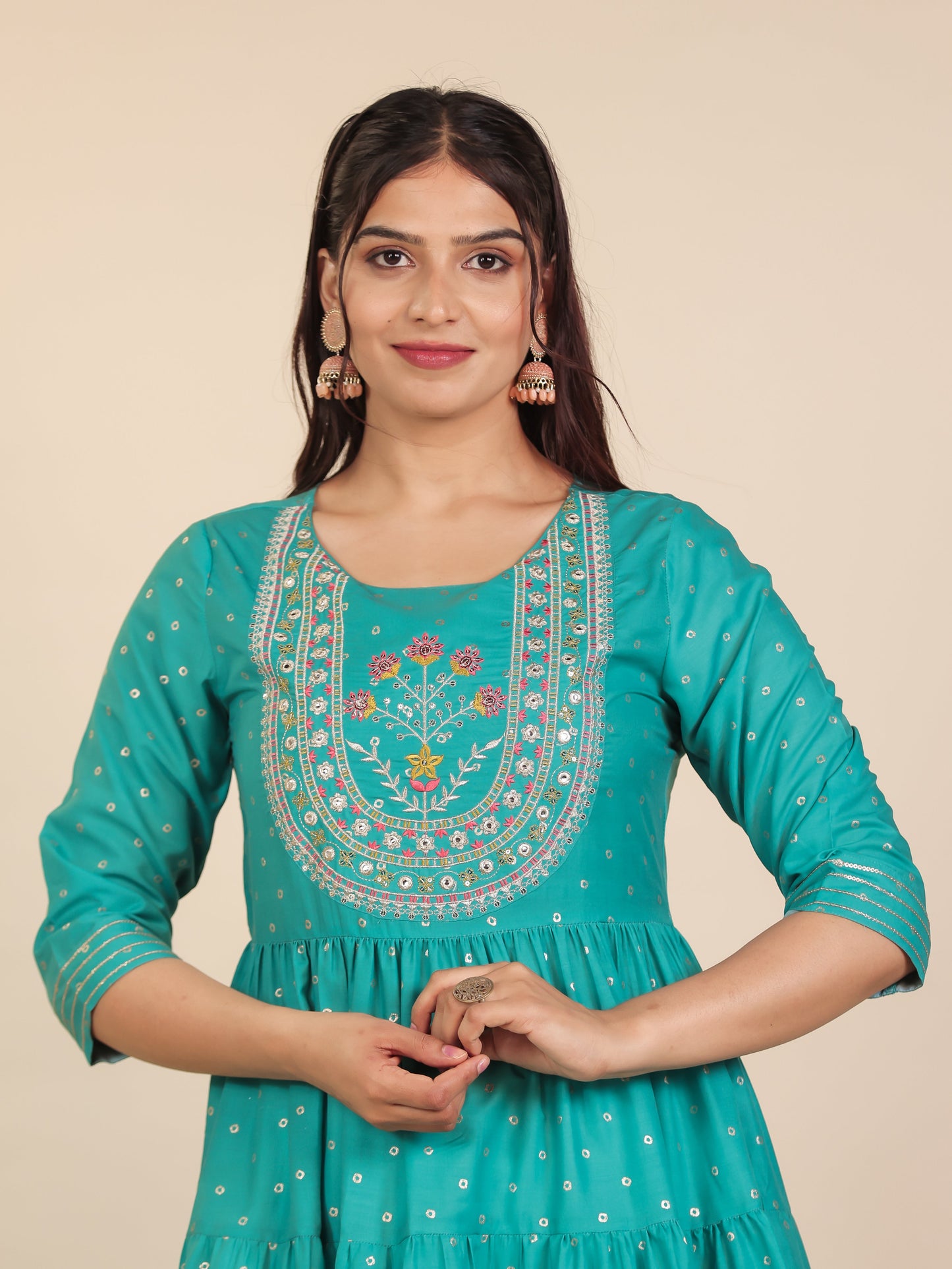 Embroidered Roman silk Gold foil Anarkali Teal Kurta