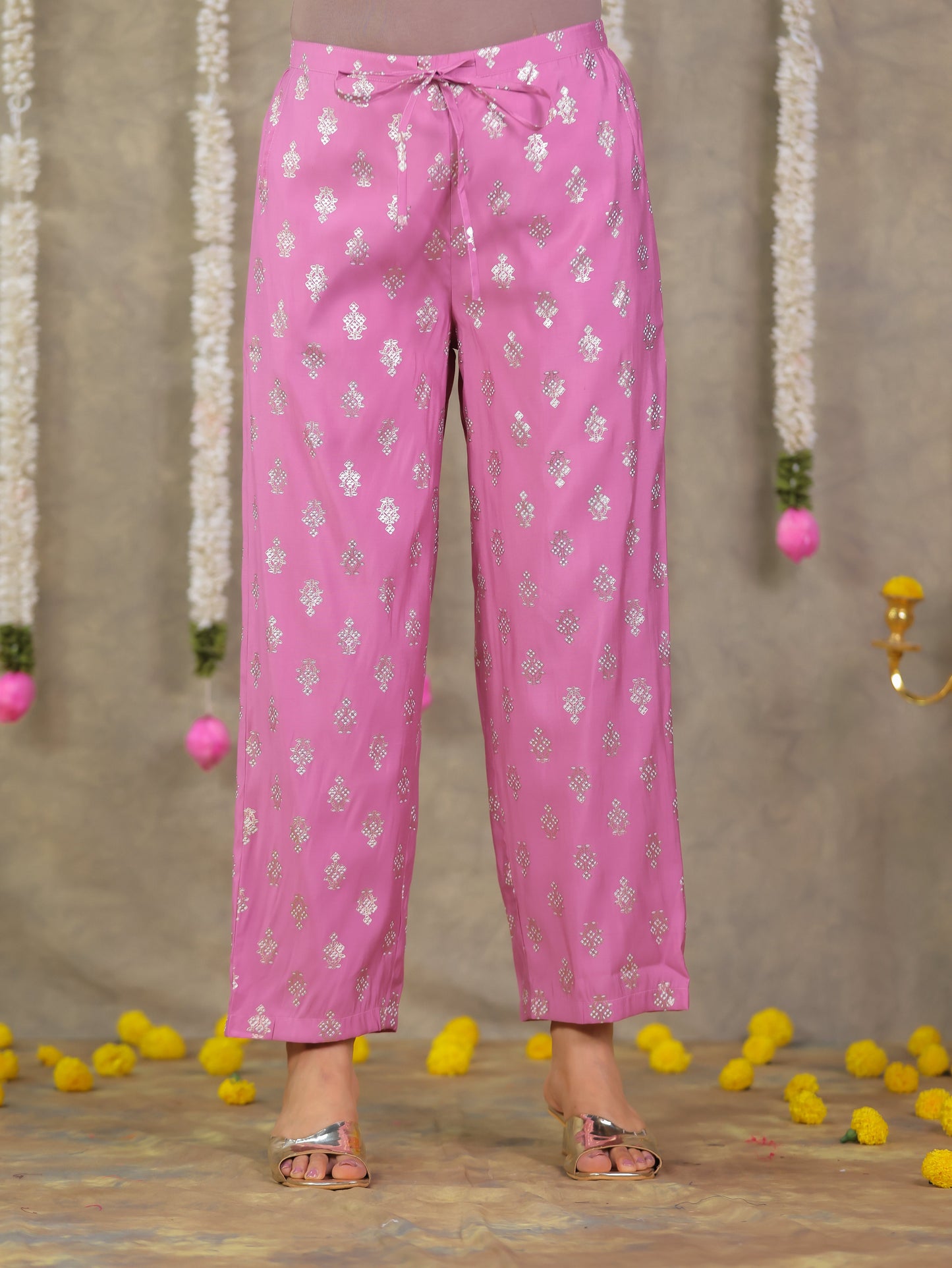 Chanderi Gold foil Pink Straight Trousers