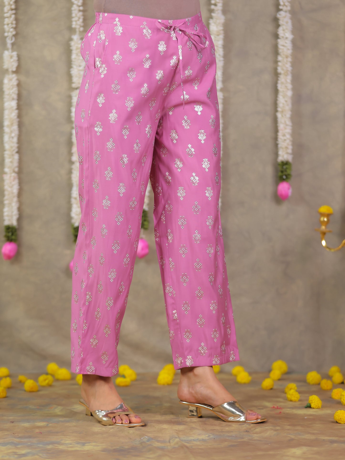 Chanderi Gold foil Pink Straight Trousers