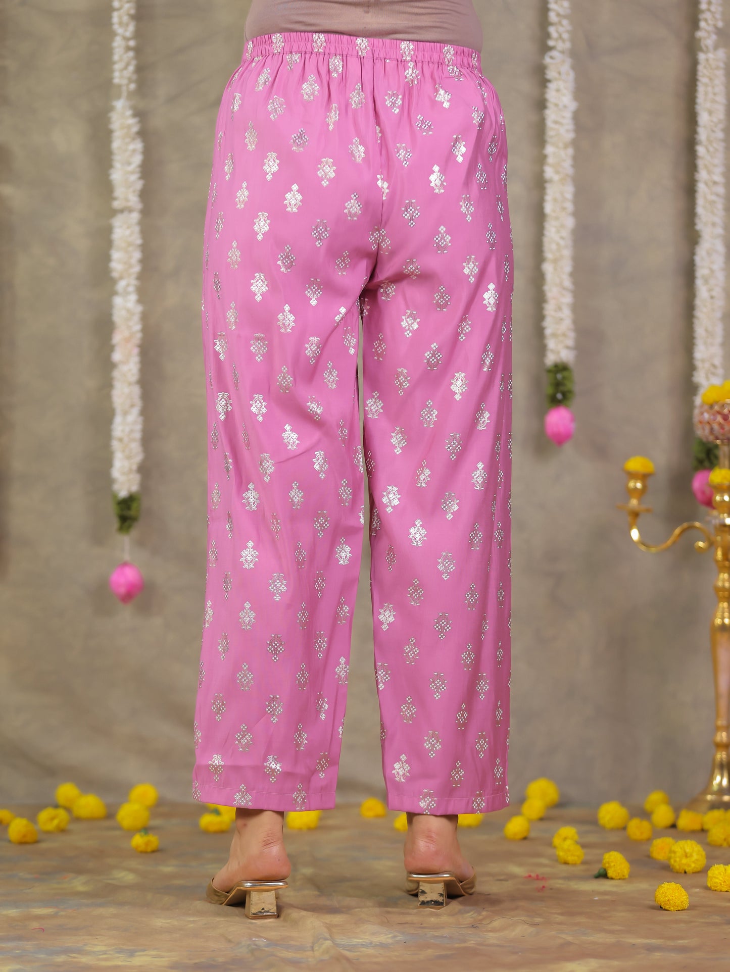 Chanderi Gold foil Flared Pink Kurta