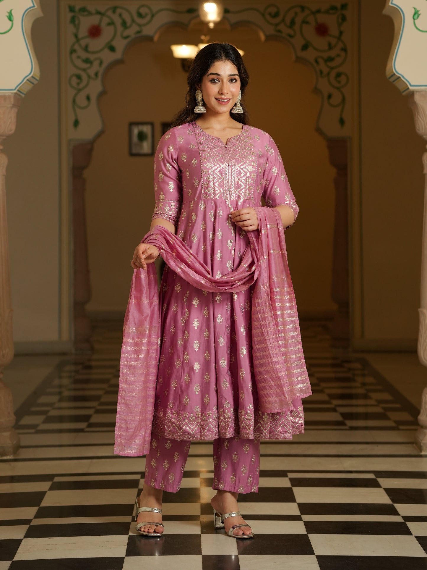 Chanderi Gold foil Flared Pink Kurta