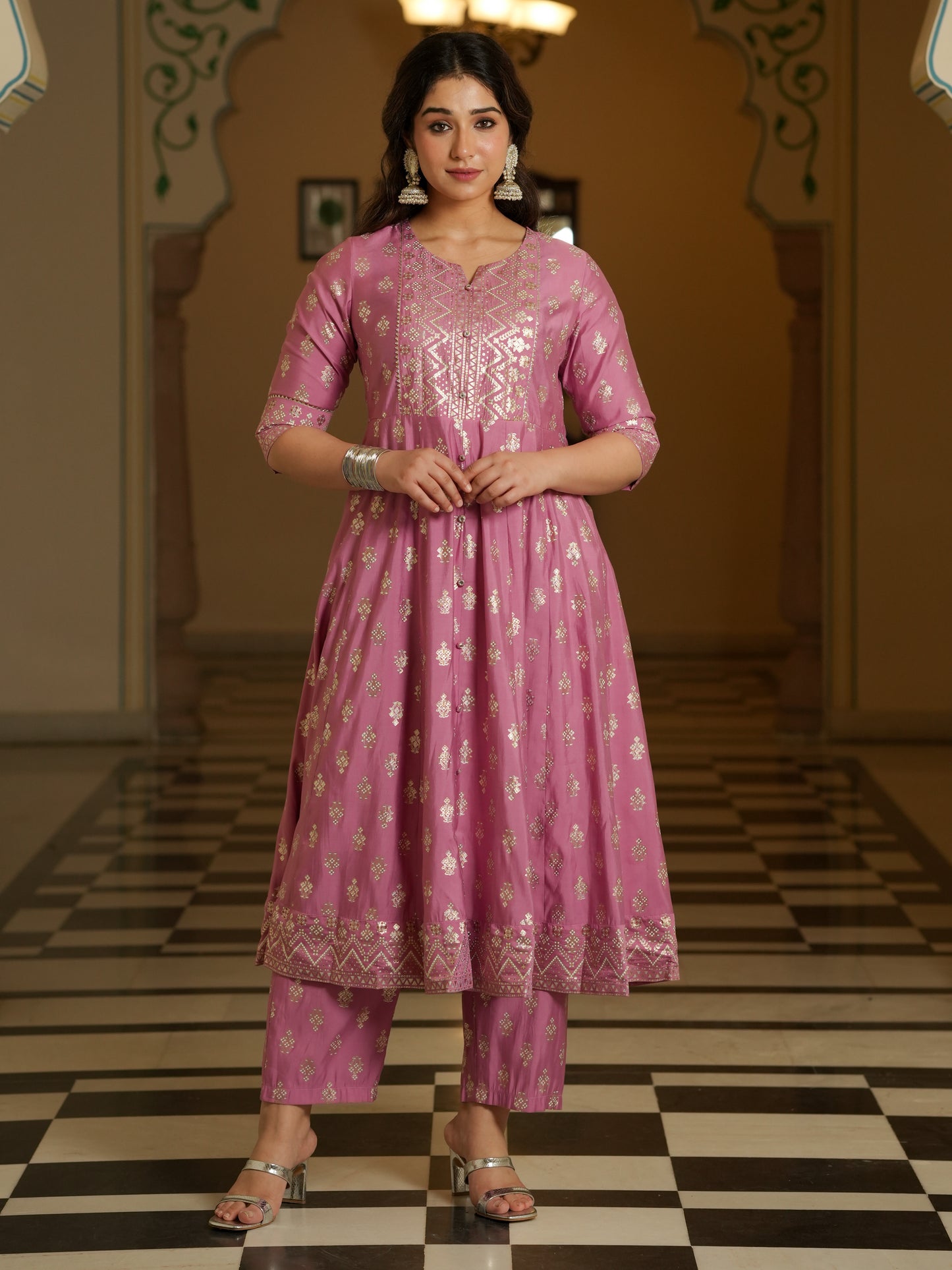 Chanderi Gold foil Flared Pink Kurta