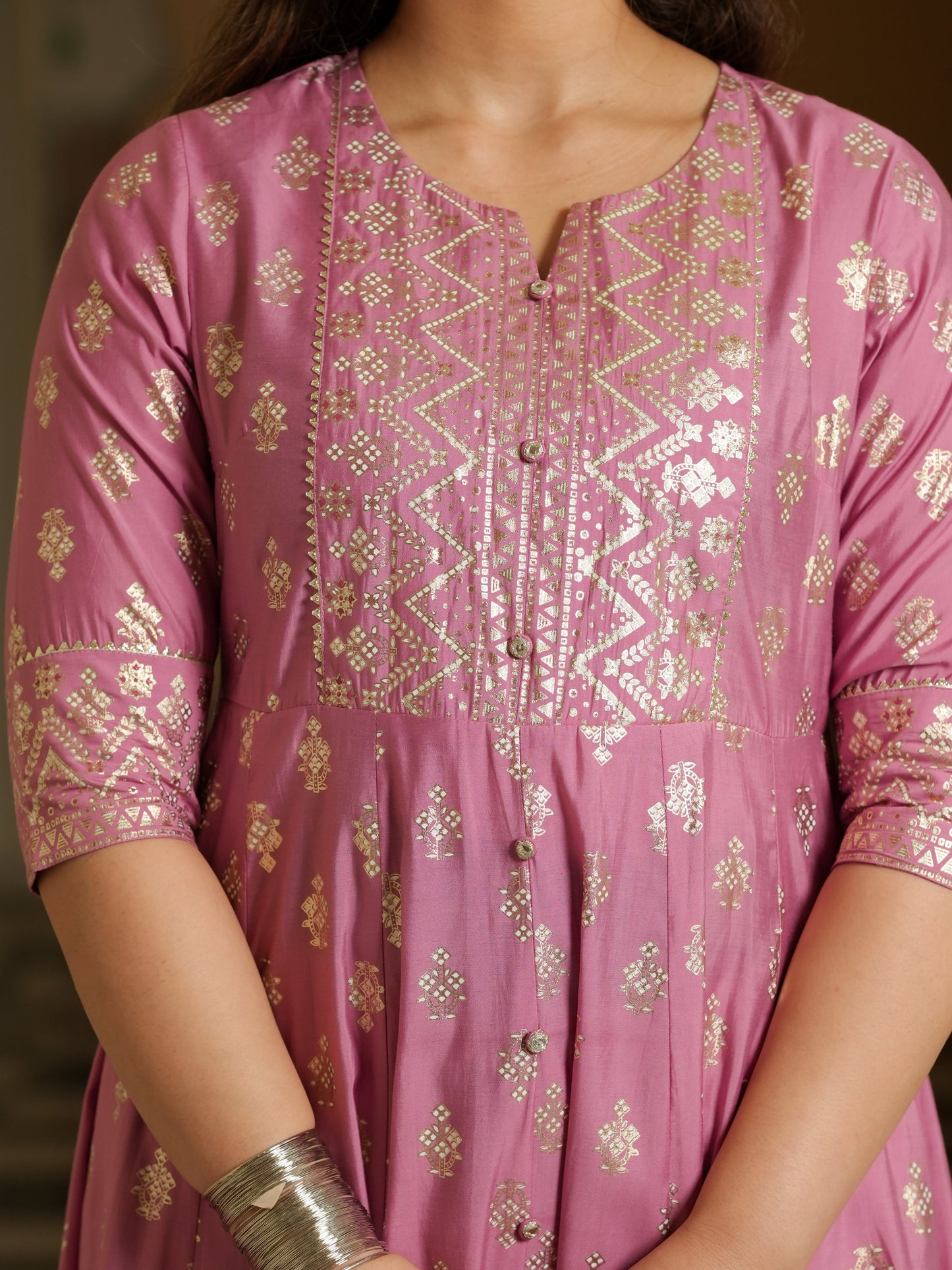 Chanderi Gold foil Flared Pink Kurta