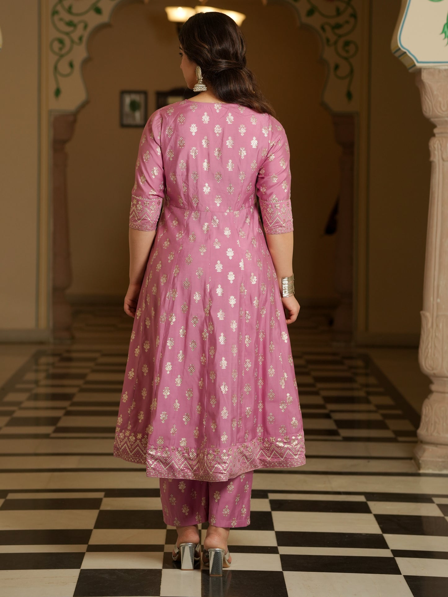 Chanderi Gold foil Flared Pink Kurta