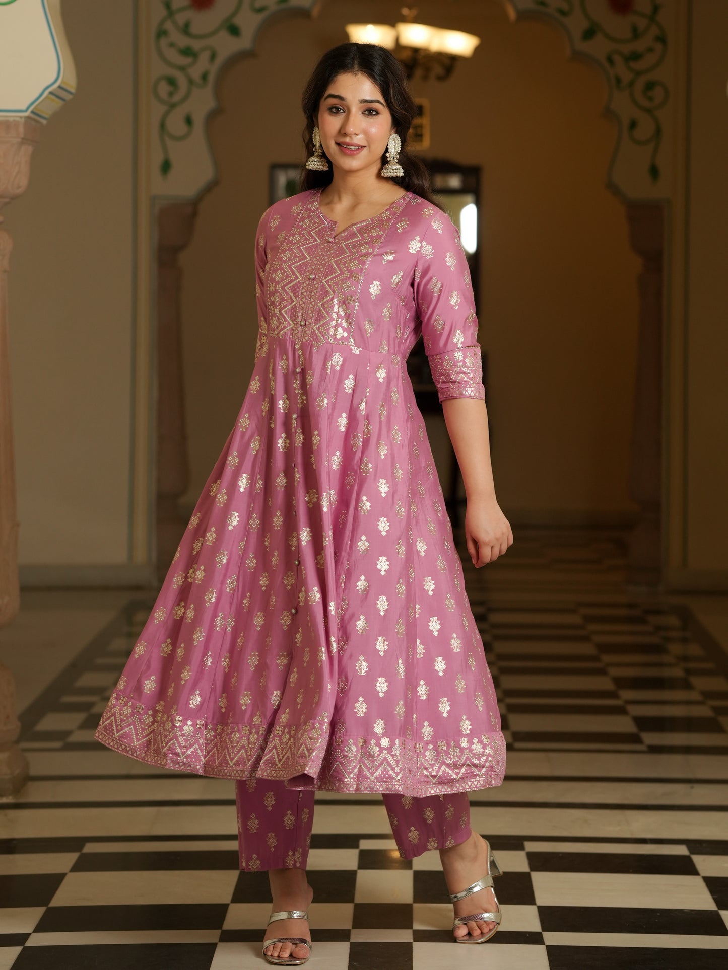Chanderi Gold foil Flared Pink Kurta
