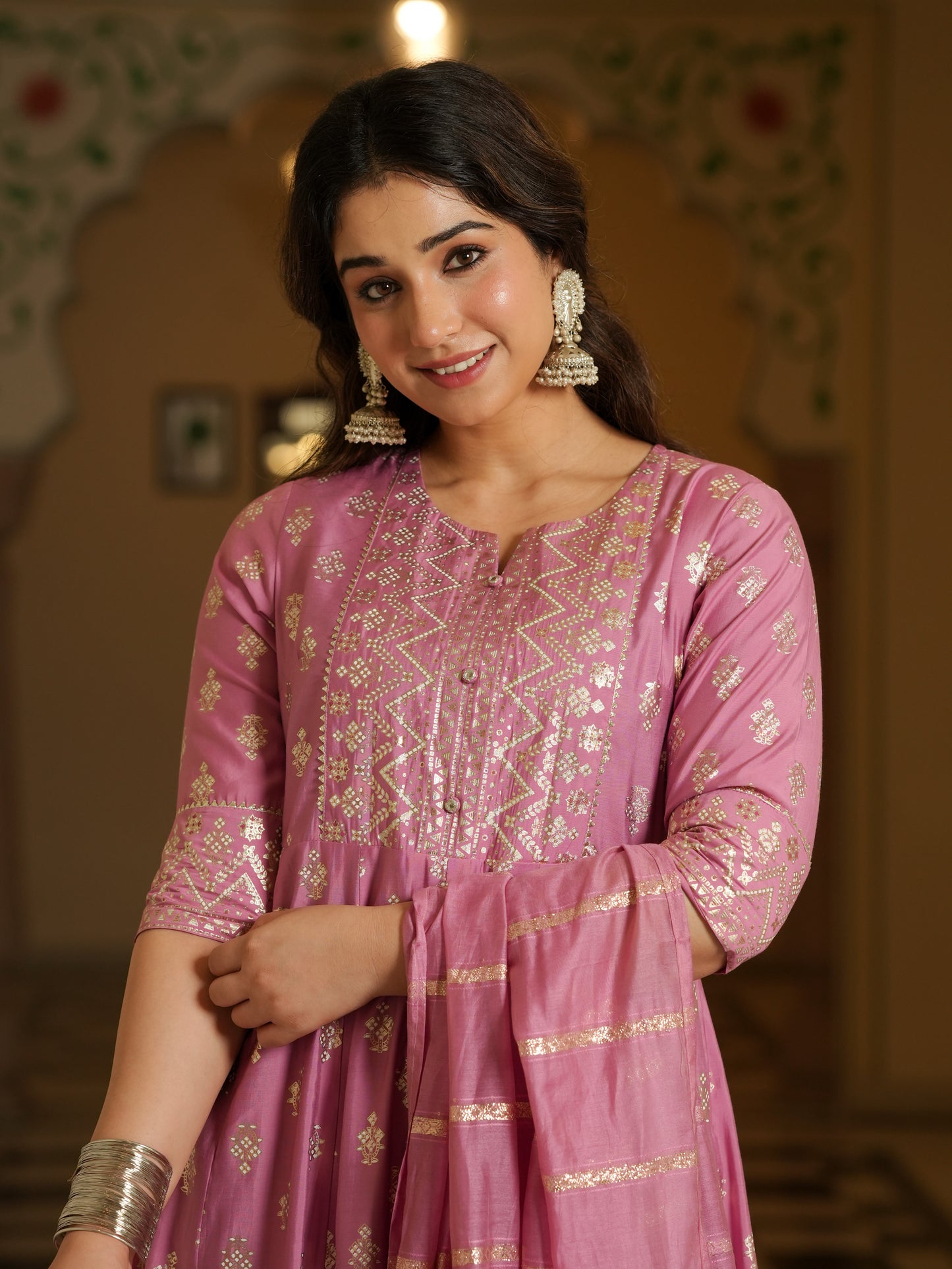Chanderi Gold foil Flared Pink Kurta