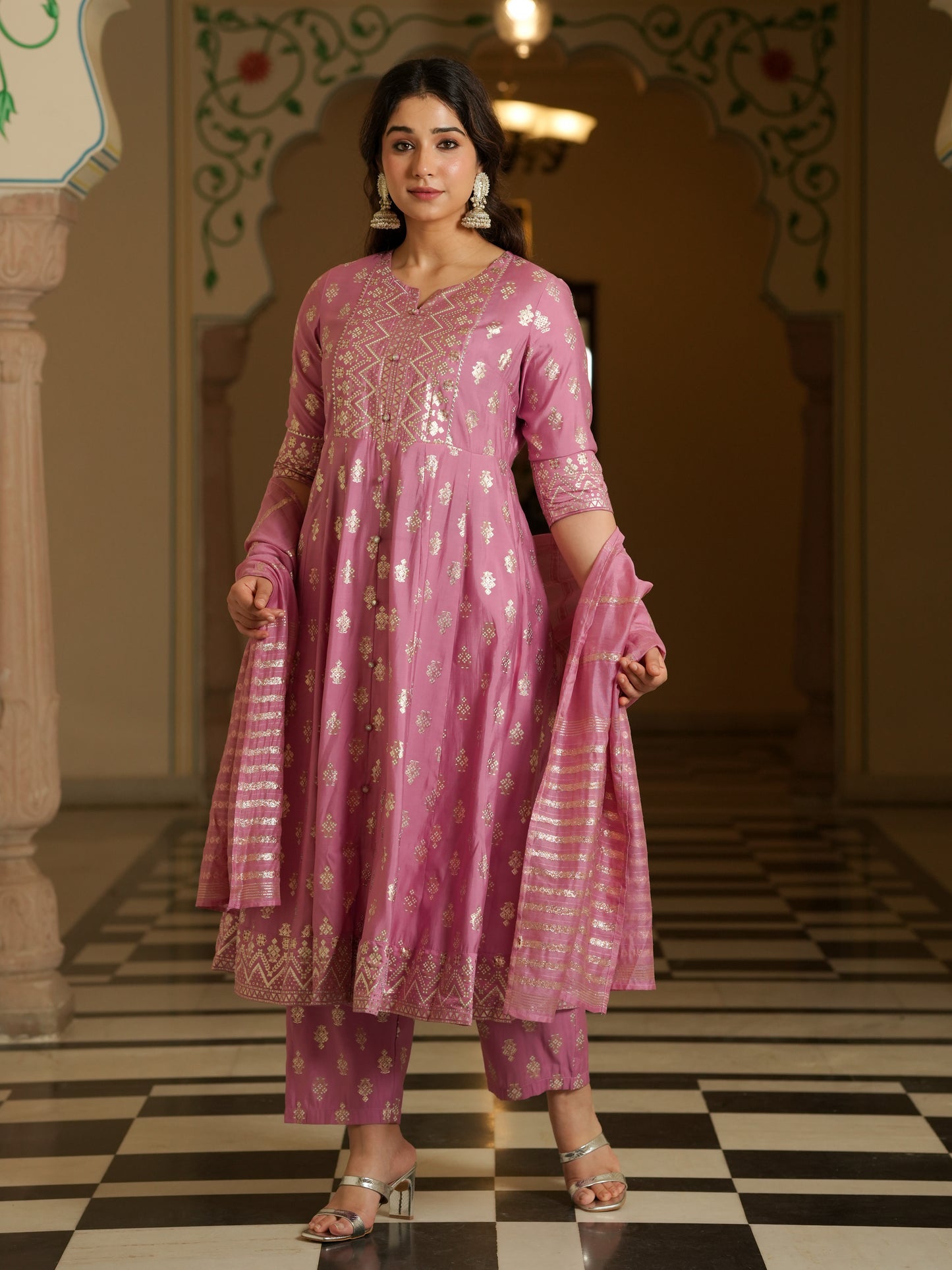 Chanderi Gold foil Flared Pink Kurta