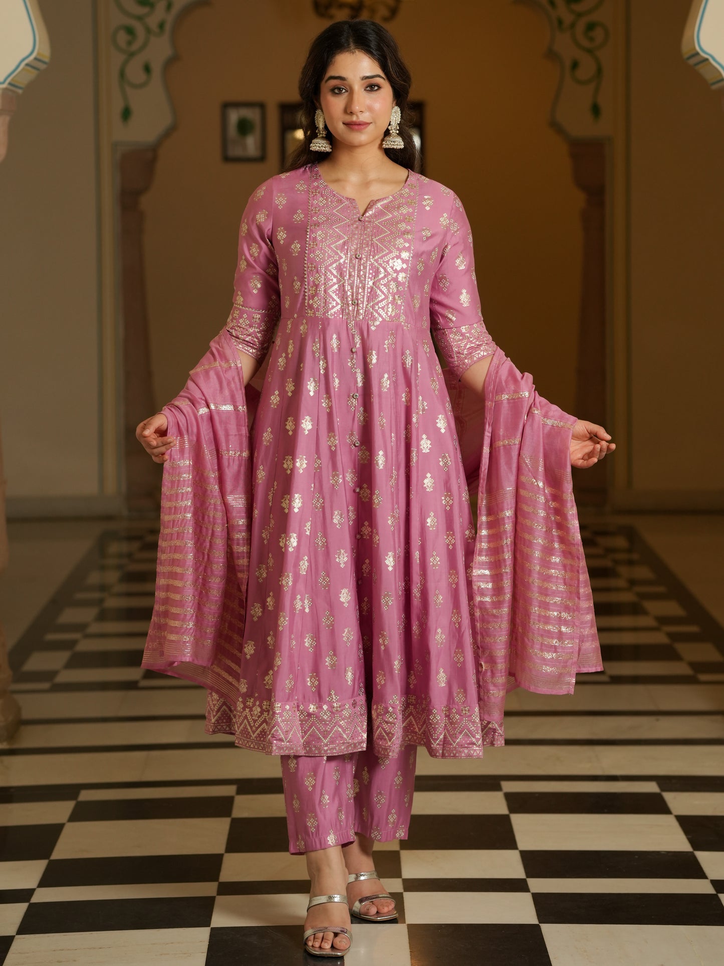 Chanderi Gold foil Flared Pink Kurta