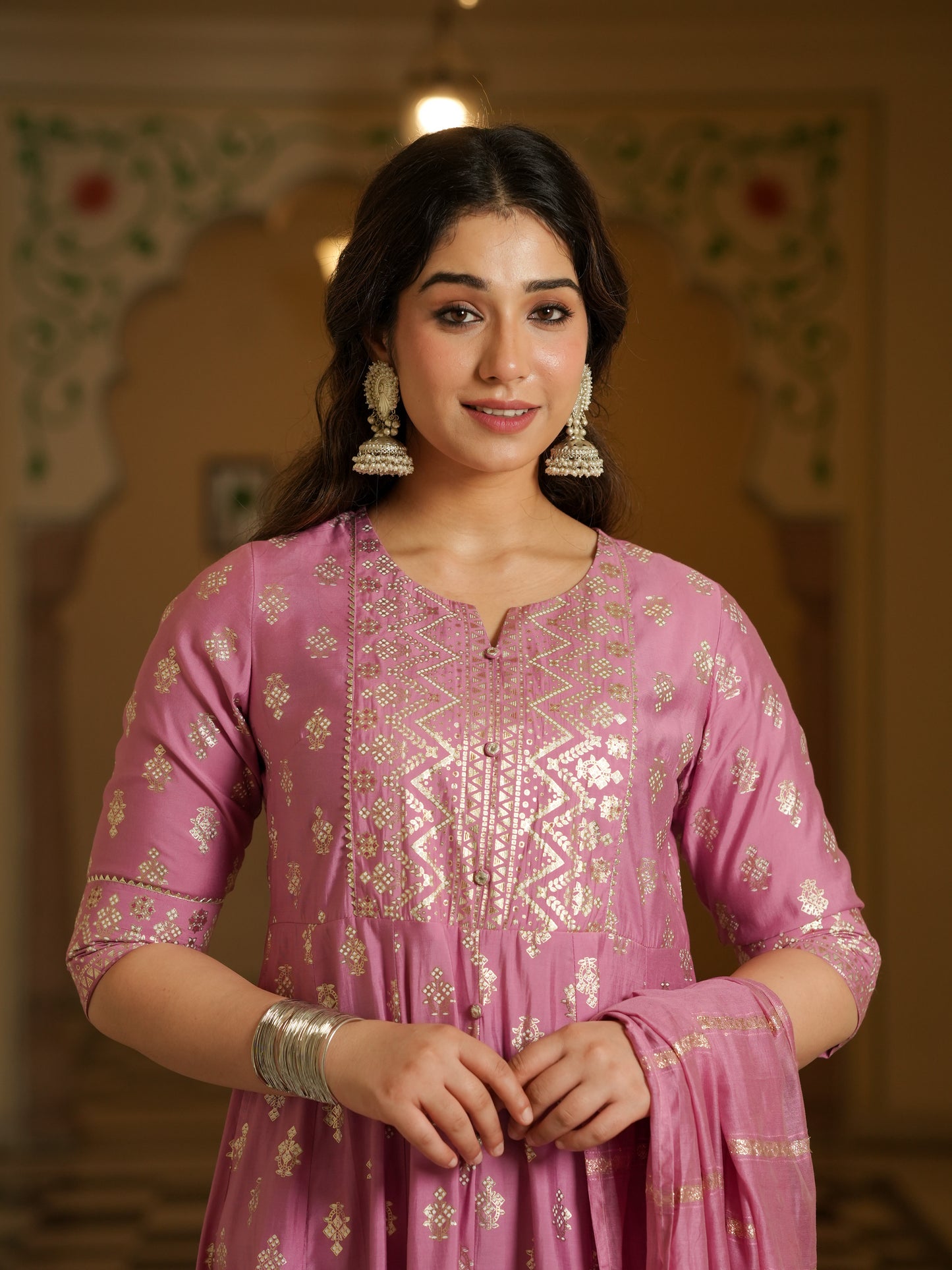Chanderi Gold foil Flared Pink Kurta