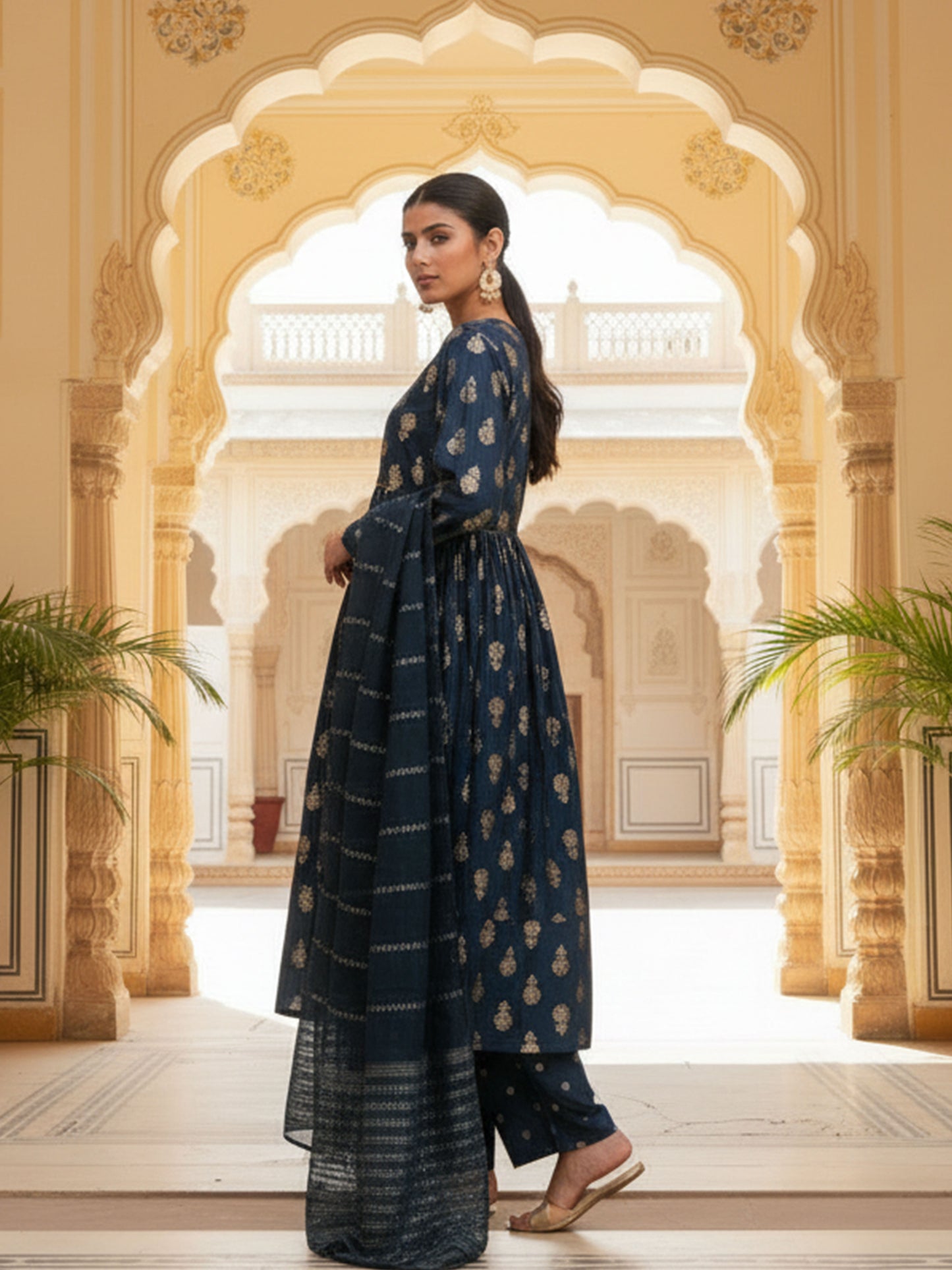 Chanderi Gold foil Anarkali Blue Kurta